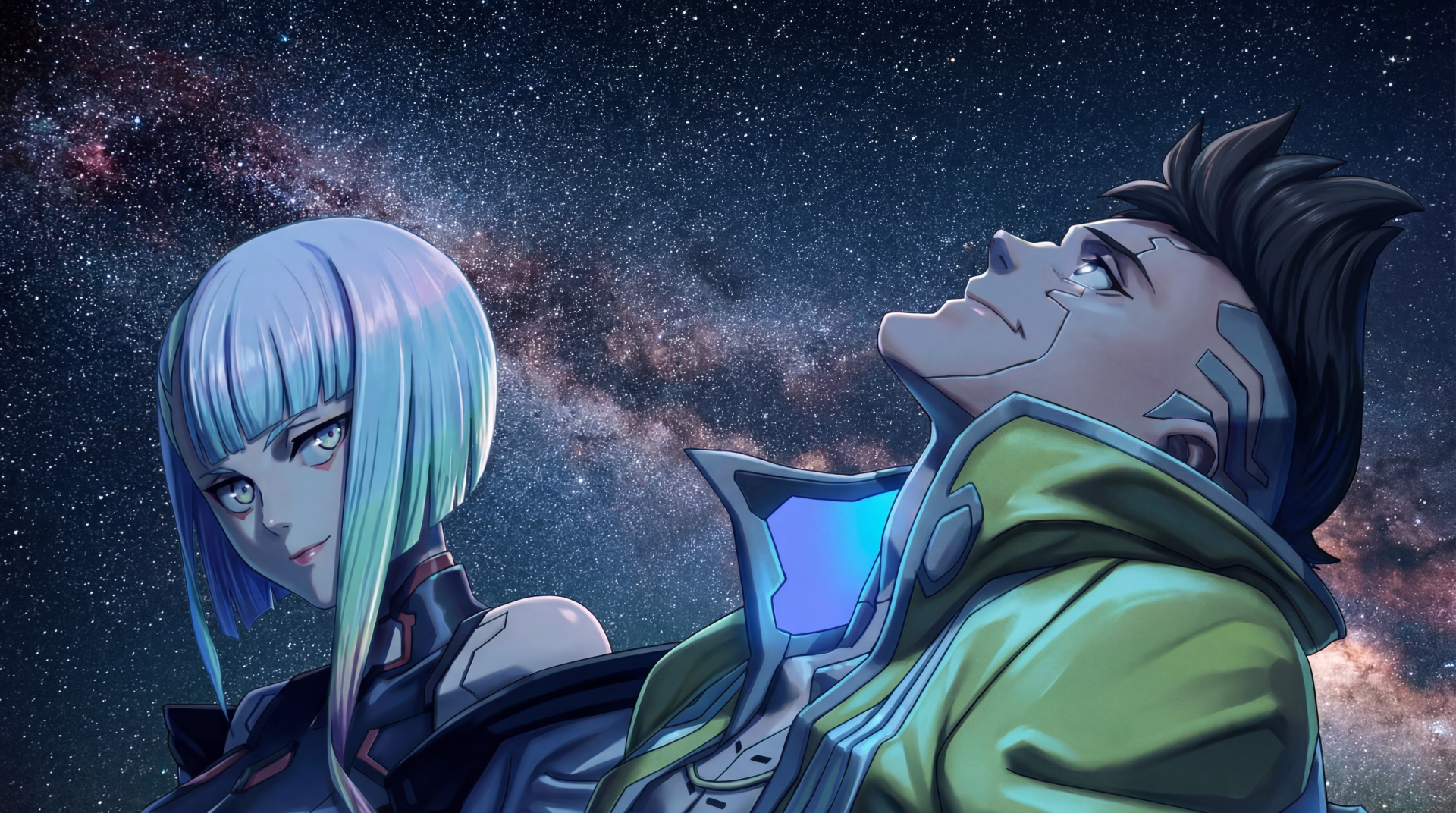 Anime wallpaper of Lucy and David from Cyberpunk: Edgerunners gazing beneath a vivid starry night sky — 5K Ultra HD PC desktop background.