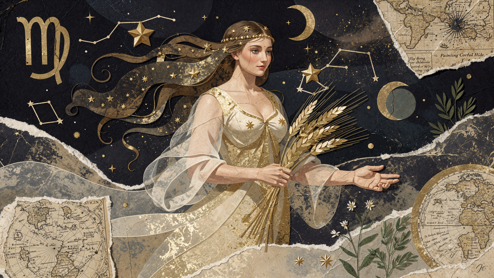 4K Ultra HD PC desktop wallpaper: elegant Virgo astrology illustration of a robed maiden holding wheat beneath constellations, moon and stars on a textured celestial background.