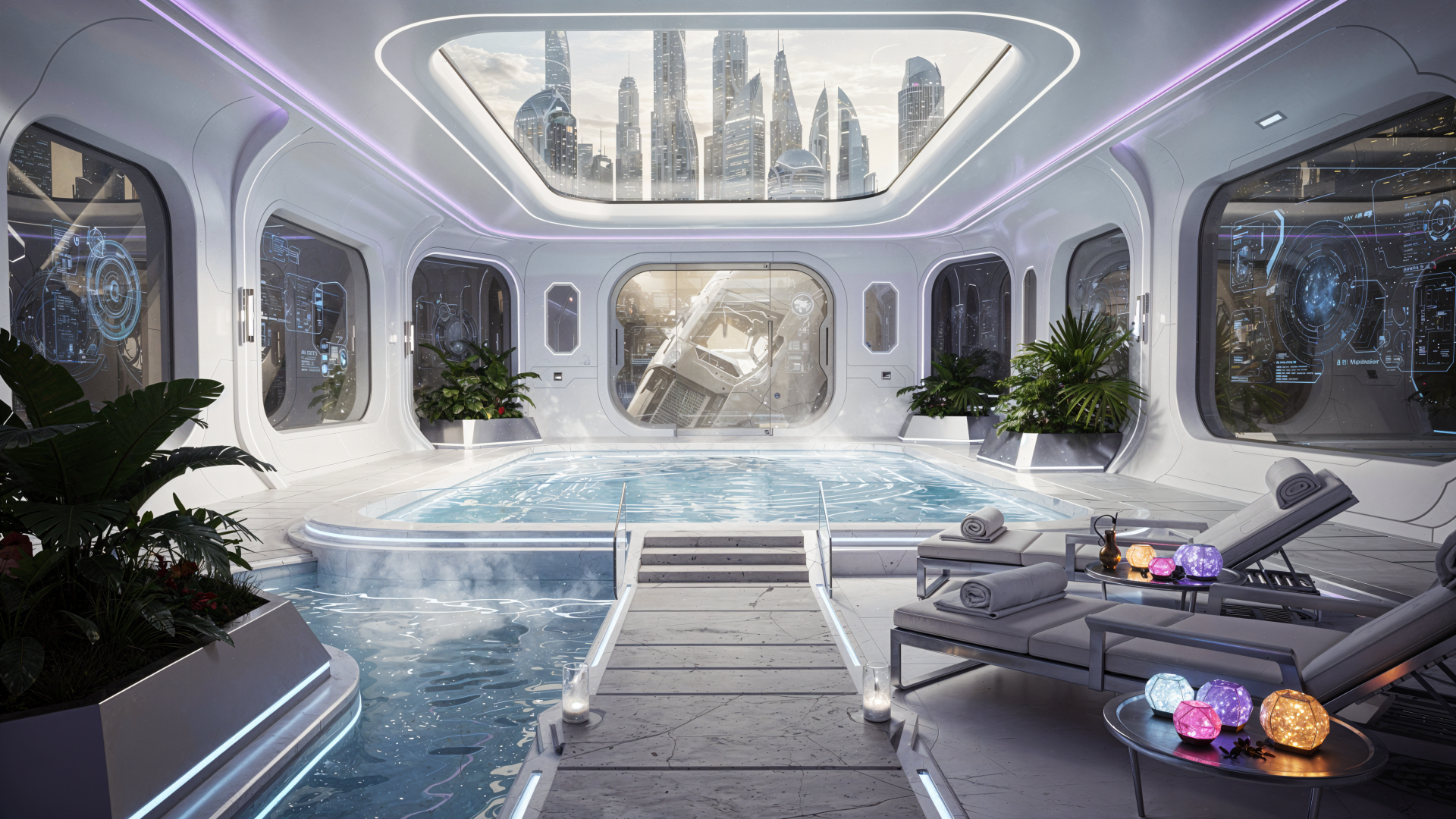 Futuristic spa interior with indoor pool, skylight framing a city skyline, lounge chairs, glowing orbs and plants — 4K Ultra HD PC desktop wallpaper and background.