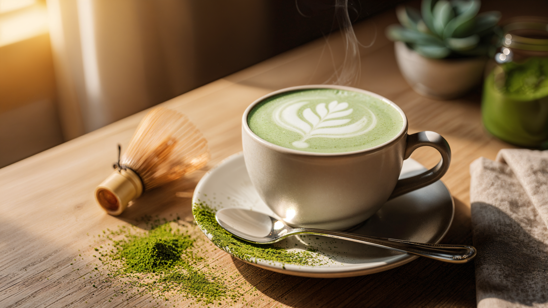 Steaming green tea latte with leaf latte art in a white cup on a saucer, spoon and matcha powder on a wooden table — 4K Ultra HD PC desktop wallpaper background.