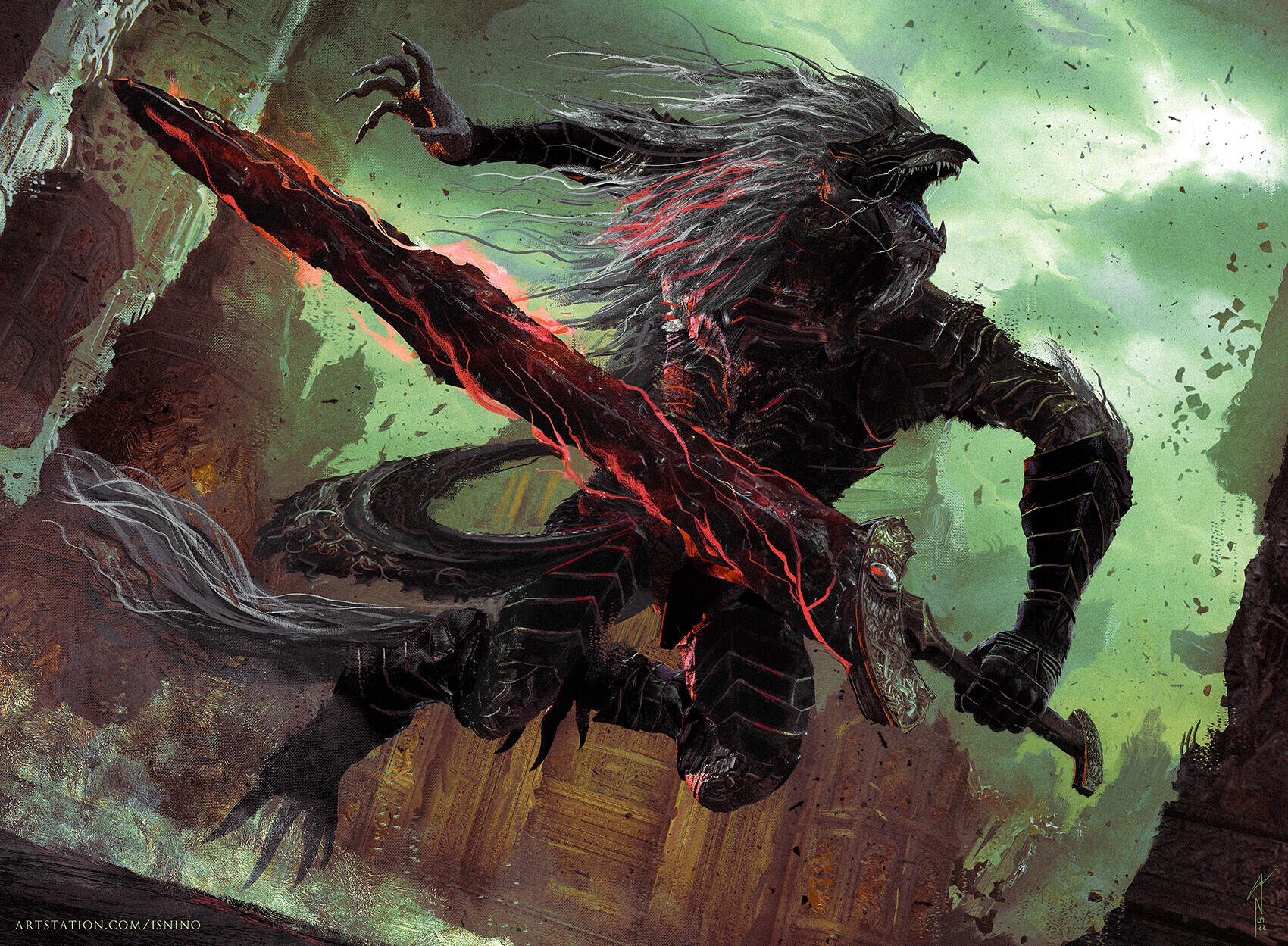 Video game HD PC desktop wallpaper: Maliketh the Black Blade (Elden Ring), a monstrous wolflike knight lunging with a blood-red, glowing broadsword amid crumbling ruins.