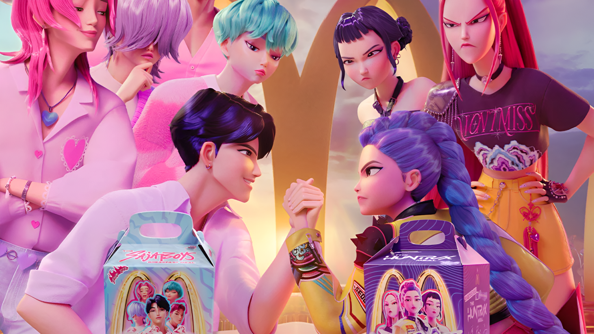 2K Quad HD PC wallpaper: KPop Demon Hunters × Saja Boys crossover at McDonald's — colorful characters arm-wrestling beside themed meal boxes.