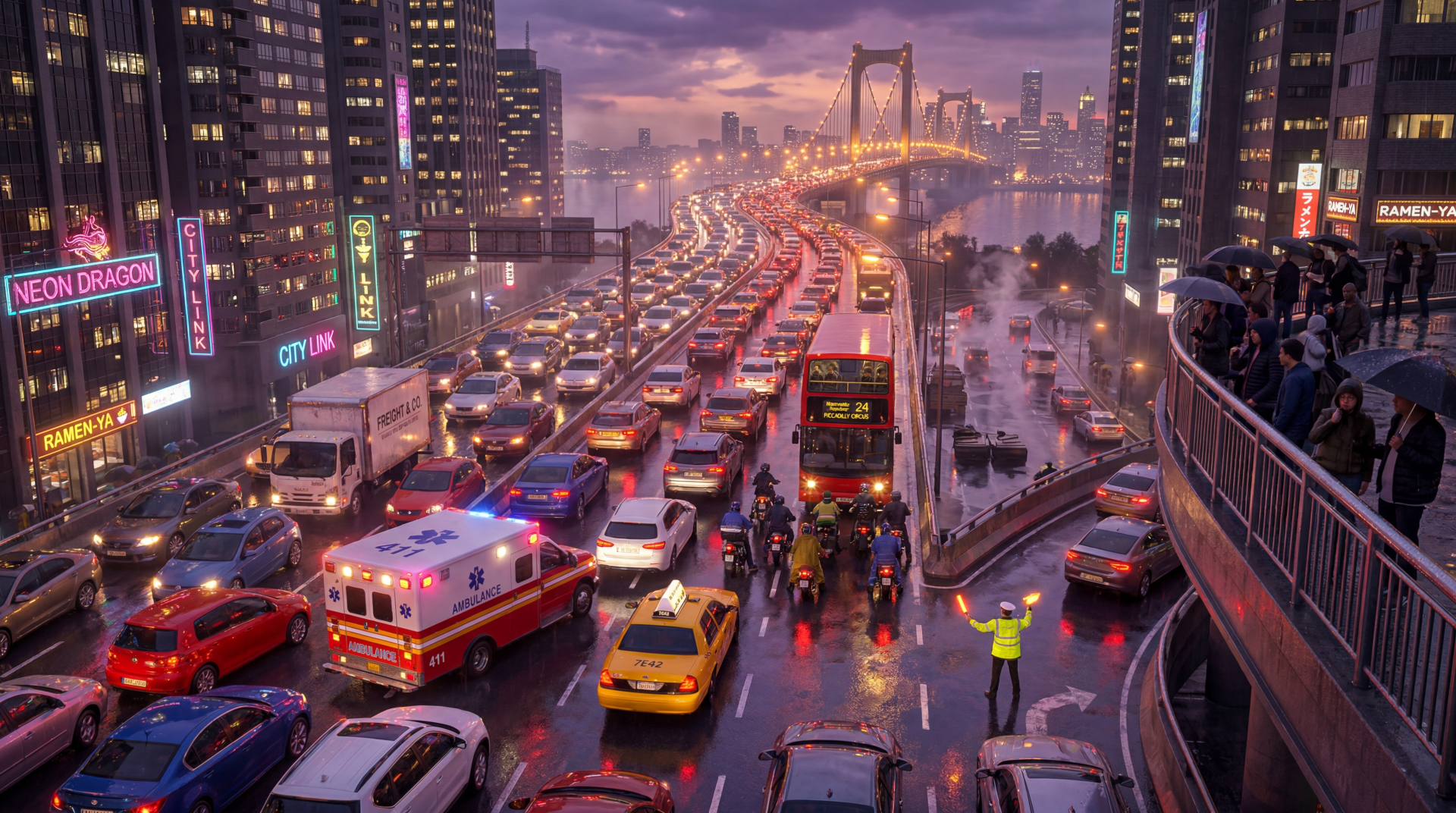 5K Ultra HD PC desktop wallpaper and background: rainy city traffic jam at dusk, packed lanes of cars, buses and an ambulance flowing toward a glowing suspension bridge.