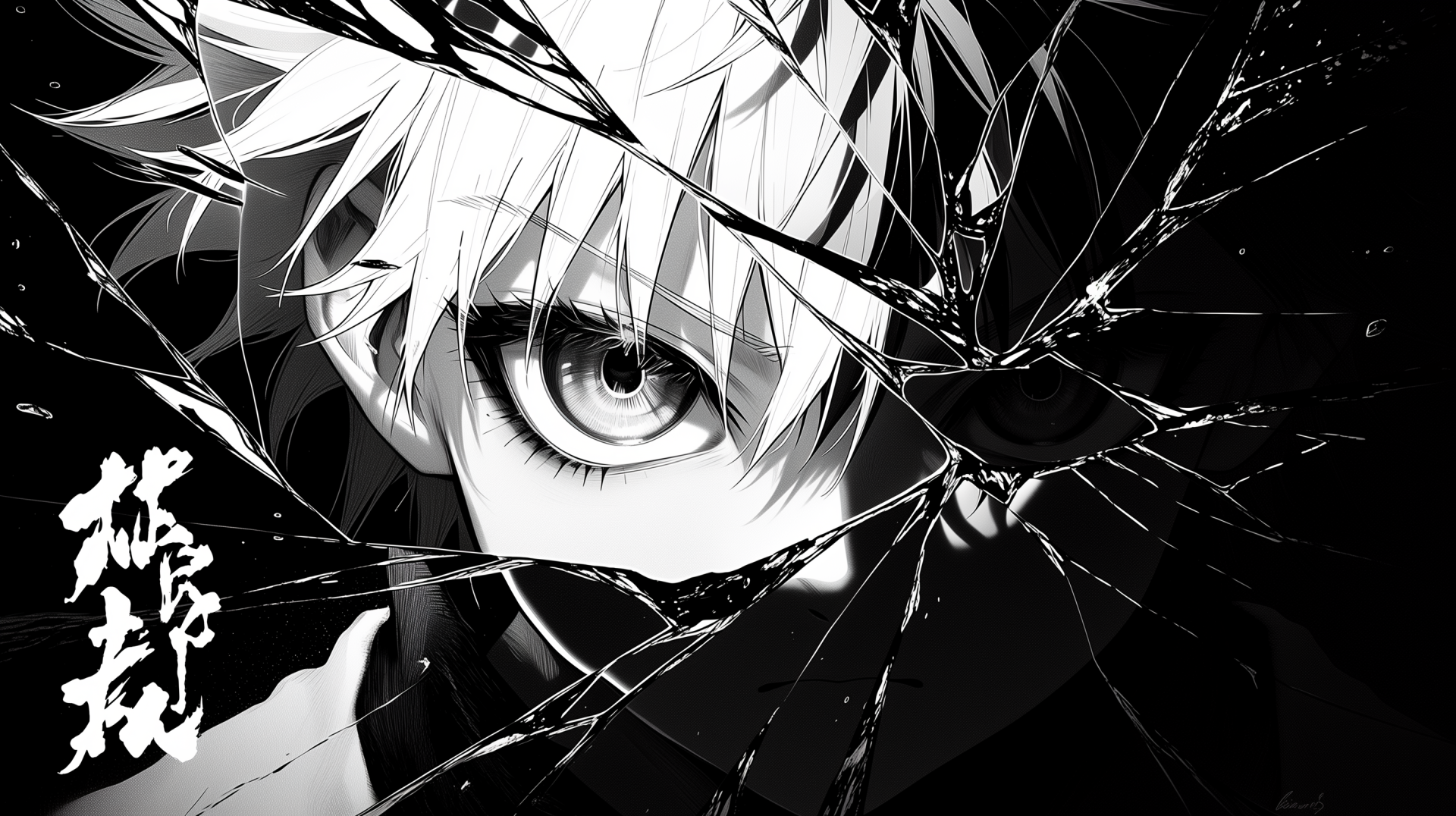 2K Quad HD PC desktop wallpaper — dark manga-style close-up of Killua Zoldyck (Hunter x Hunter): one eye and spiky hair seen through fractured glass in stark black-and-white.