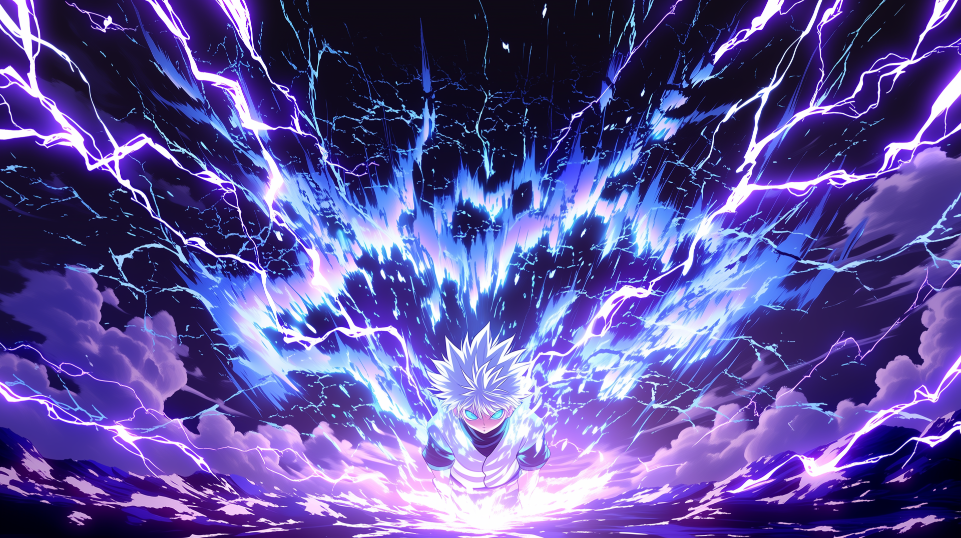 Purple anime 2K Quad HD desktop wallpaper of Killua Zoldyck (Hunter x Hunter) unleashing a crackling electric aura, purple lightning bursting outward over stormy clouds.