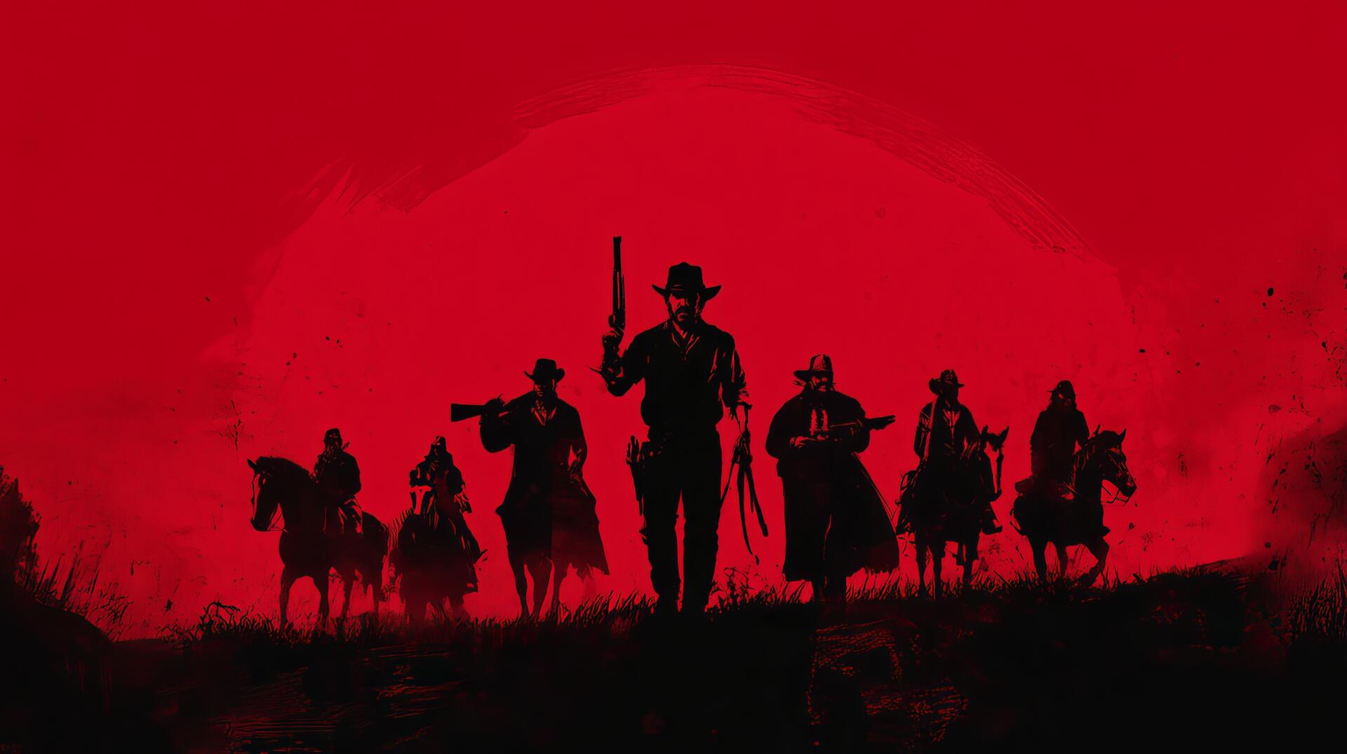 Red Dead Redemption video game HD PC desktop wallpaper: black silhouettes of outlaws and a gunslinger set against a stark red-and-black horizon.