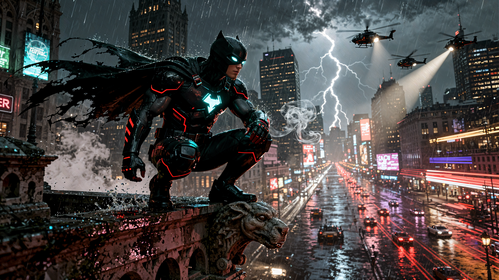 Dark superhero in glowing armored suit crouches on a gargoyle over a rain-soaked neon city, lightning and helicopters overhead — 4K Ultra HD PC desktop wallpaper/background.