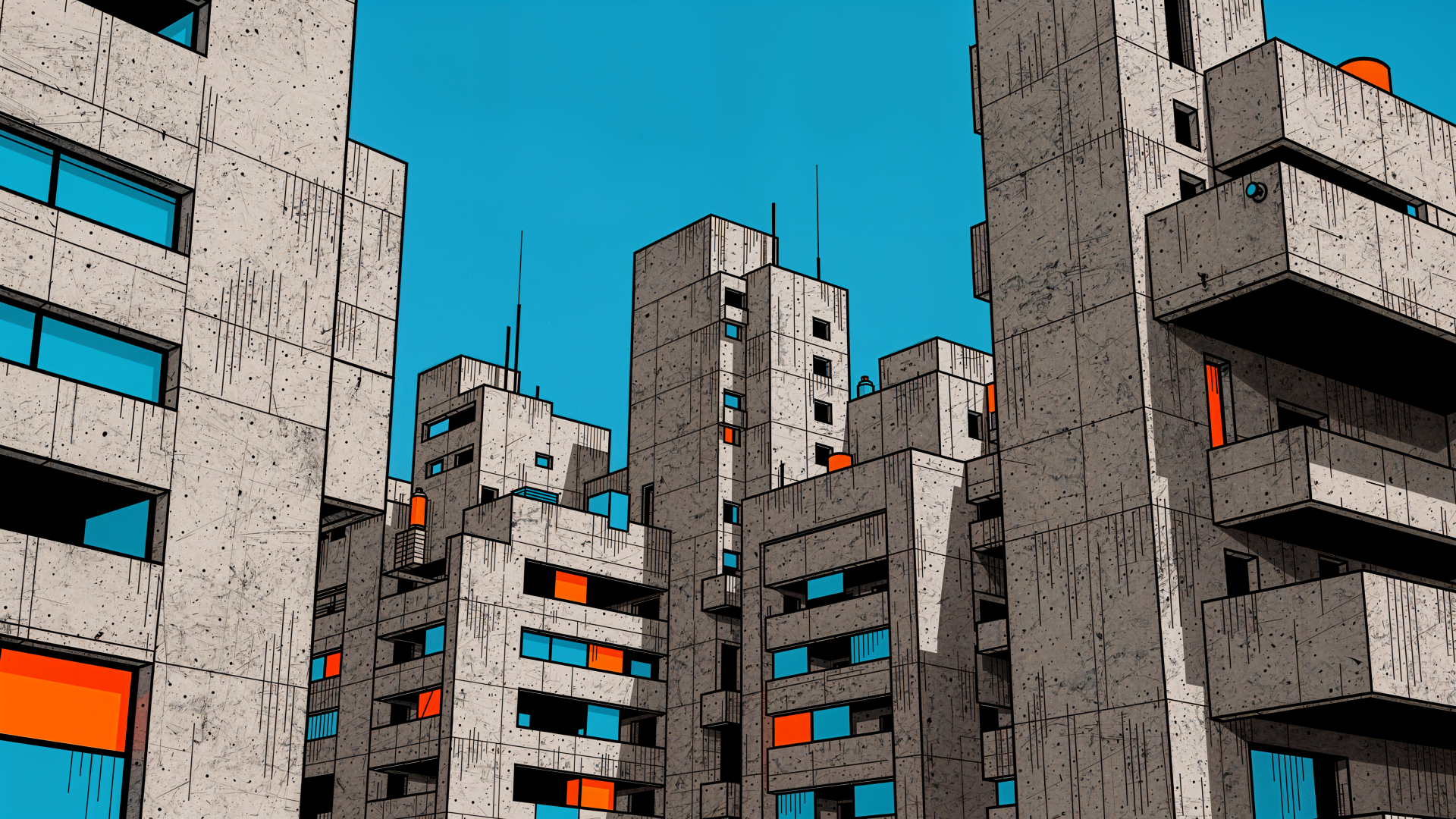 Concrete jungle of stacked brutalist towers against a turquoise sky with orange window accents — 4K Ultra HD PC desktop wallpaper and background.