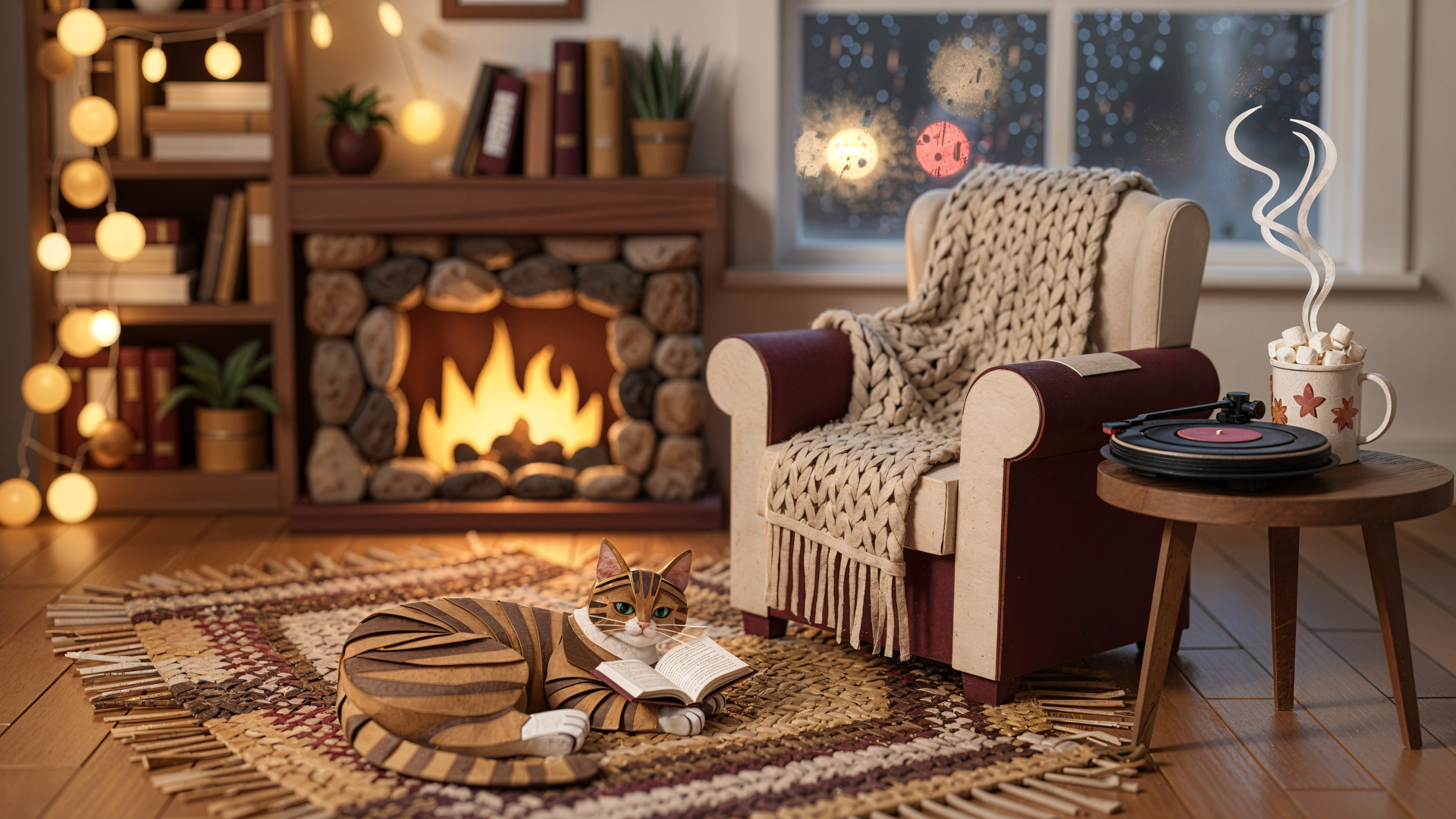 Cozy evening 4K Ultra HD PC Desktop Wallpaper and Background: warm living room with armchair draped in a knit blanket, roaring fireplace, cat on rug, steaming mug.