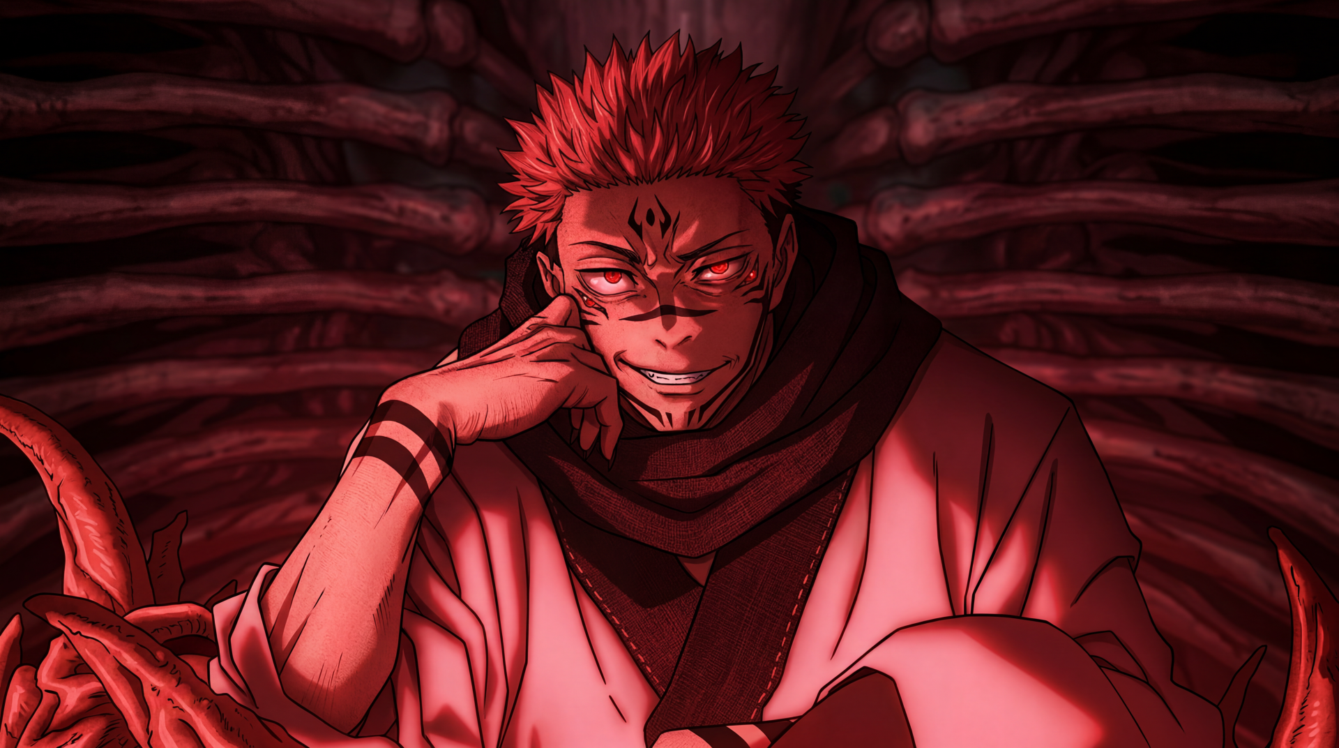 5K Ultra HD PC desktop wallpaper of Sukuna from Jujutsu Kaisen 3rd Season — grinning demon radiating a crimson aura in an anime scene evoking aura farming.