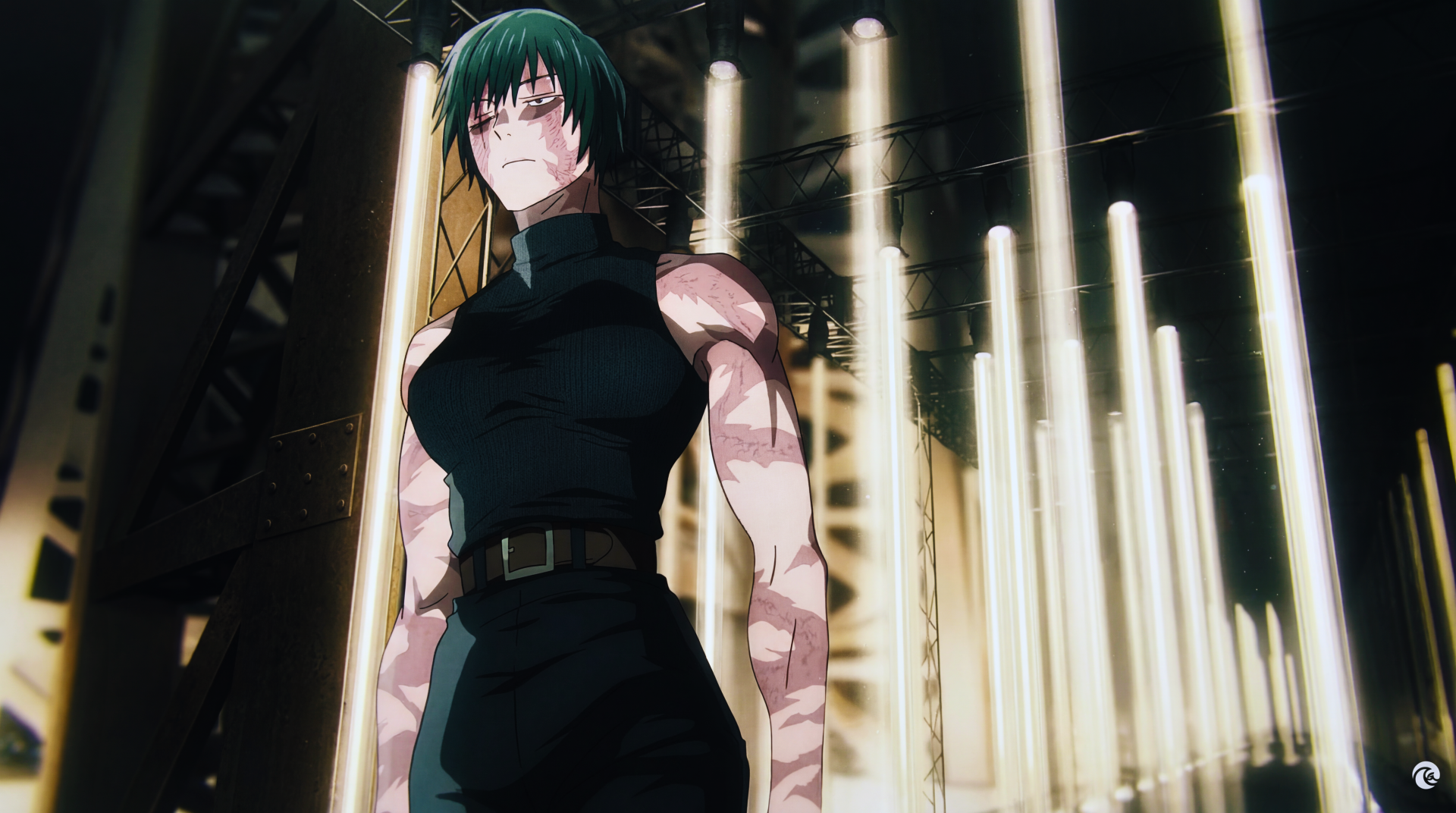 Maki Zenin from Jujutsu Kaisen 3rd Season stands stoic in a dark hall lit by vertical lights; 5K Ultra HD anime girl PC desktop wallpaper/background.
