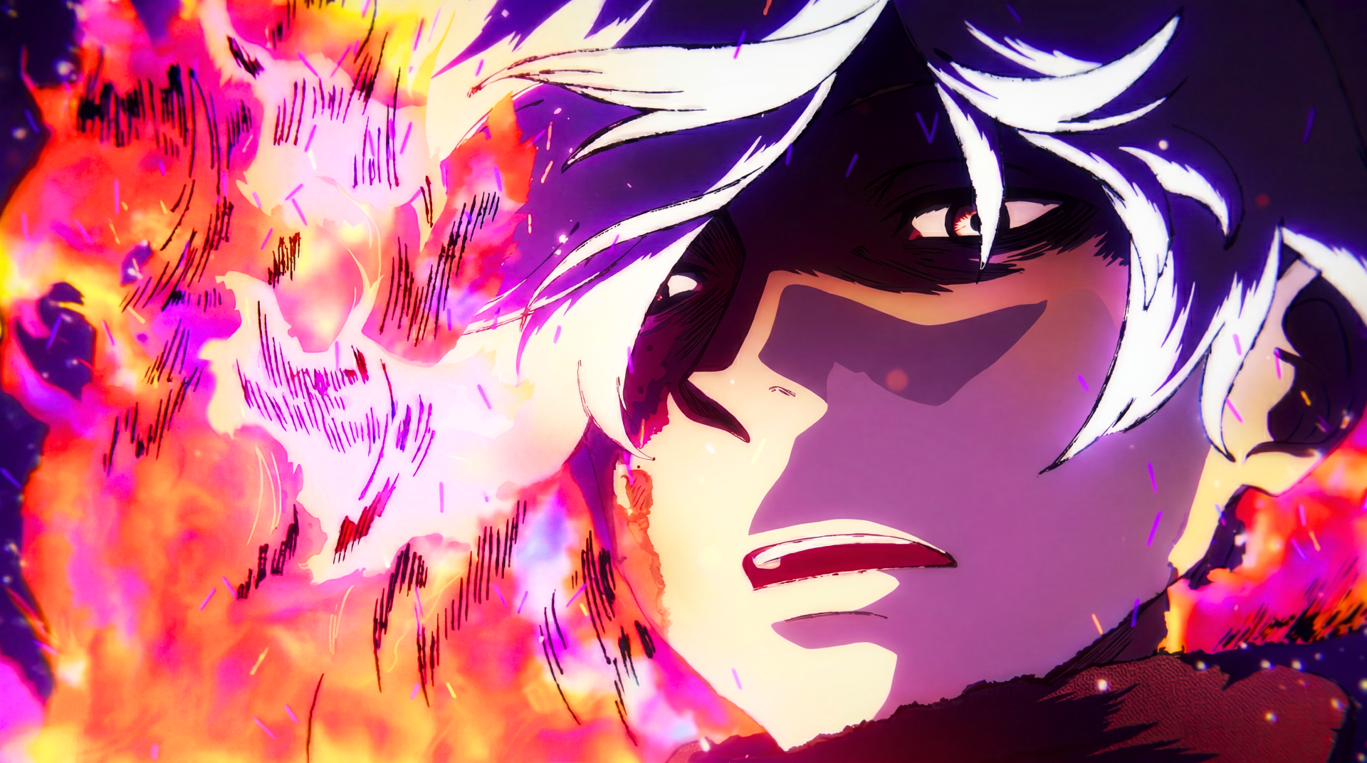 Close-up of Gabimaru (Hell's Paradise) with white hair, face half-lit by roaring flames — vivid anime 5K Ultra HD PC desktop wallpaper/background.