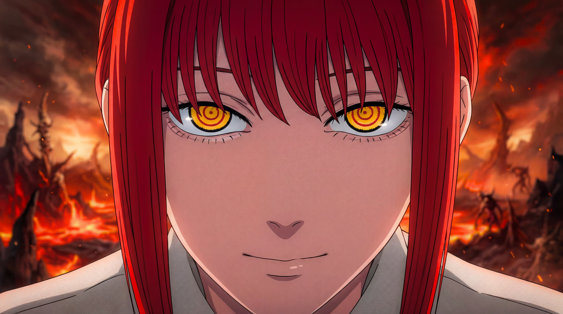 Makima from Chainsaw Man as a devilish anime woman with glowing yellow eyes, red hair and a smirk against a fiery, apocalyptic backdrop — 5K Ultra HD PC desktop wallpaper.