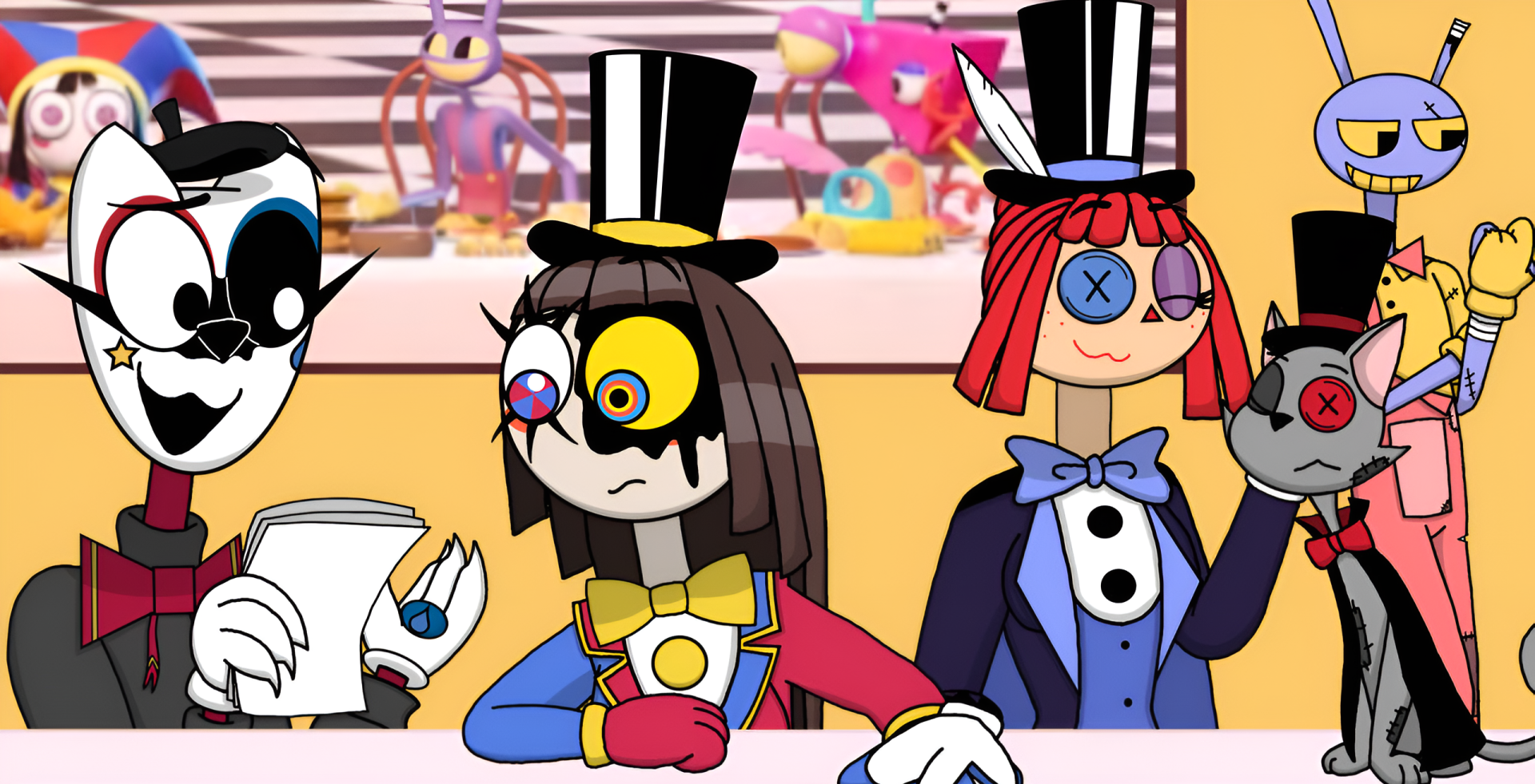 HD PC desktop wallpaper from the TV show The Amazing Digital Circus: three colorful, top‑hatted, stitched‑eyed circus characters at a table with toys scattered in the background.