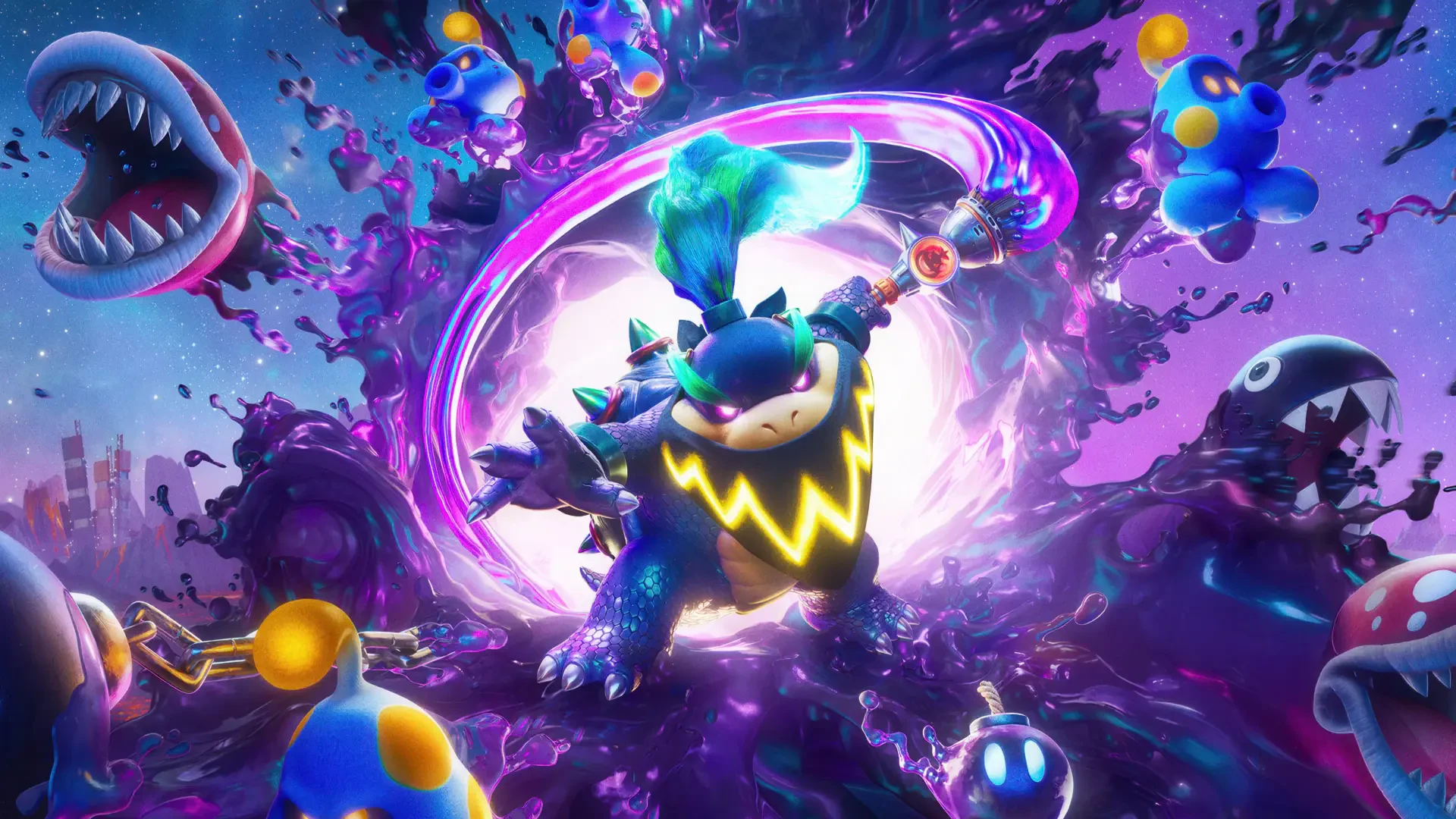 The Super Mario Galaxy Movie 4K Ultra HD PC desktop wallpaper: neon-lit Bowser Jr. charging through a cosmic vortex surrounded by Piranha Plants, Lumas and shadowy mini foes.