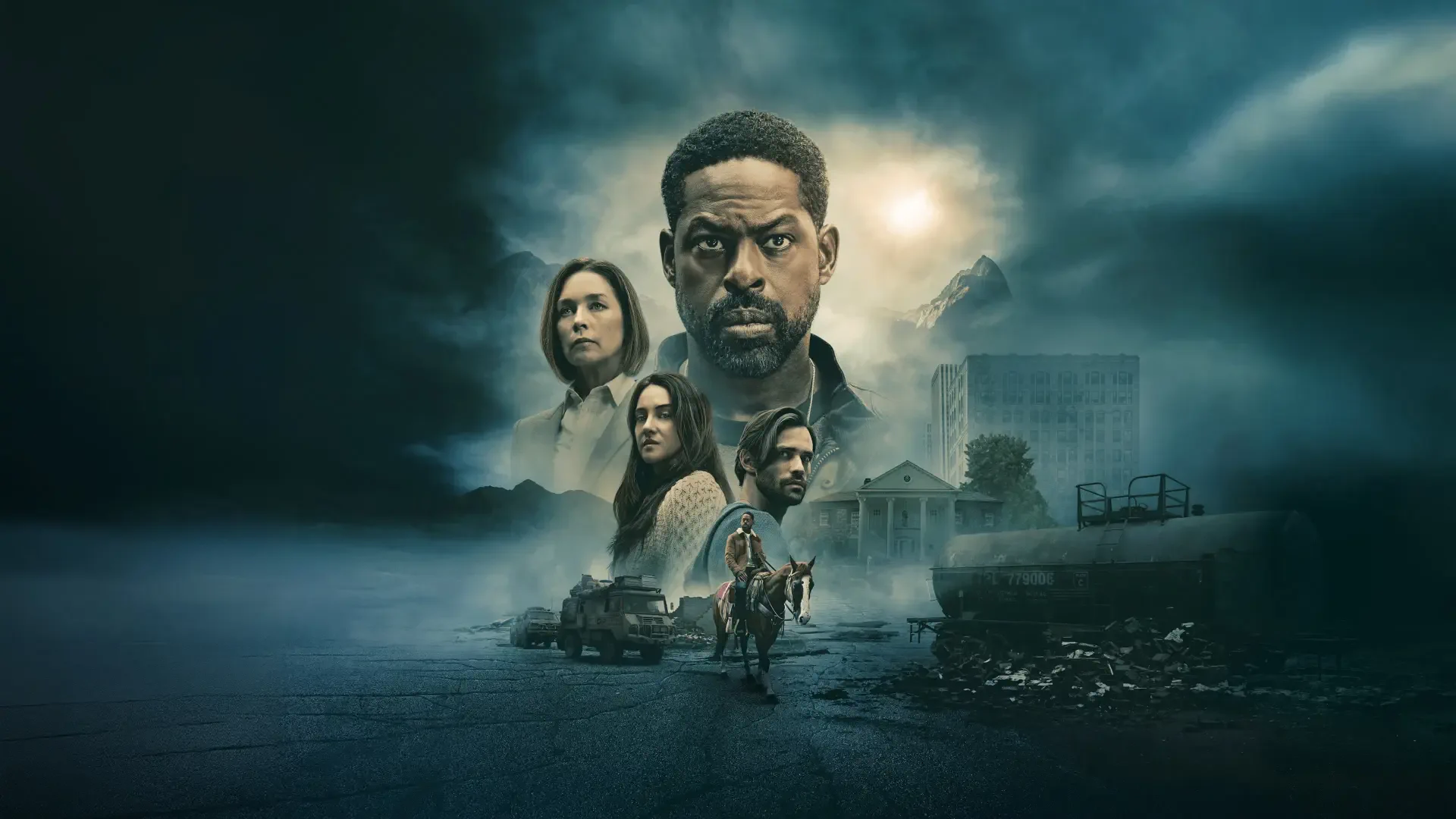 Paradise 4K Ultra HD PC desktop wallpaper: moody seaside at dusk with multiple faces looming above a foggy coastal house, a car and a lone figure walking toward the shore.