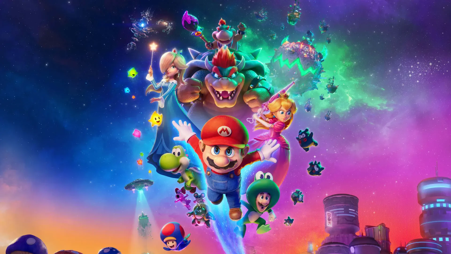 The Super Mario Galaxy Movie 4K Ultra HD PC desktop wallpaper and background: Mario, Luigi, Peach, Yoshi and Bowser soaring through a colorful, starry galaxy with planets and Lumas.