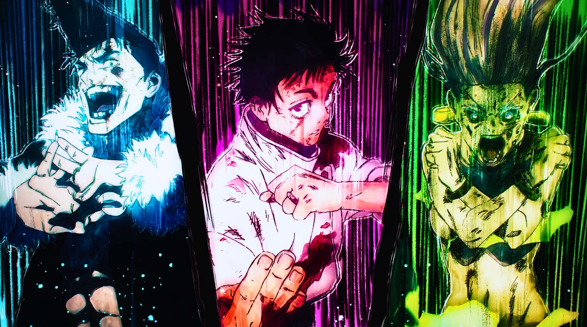 Vibrant 5K Ultra HD PC desktop wallpaper from Jujutsu Kaisen 3rd Season: center Yuta Okkotsu flanked by Ryu Ishigori and Takako Uro in neon, dynamic three-panel action pose.