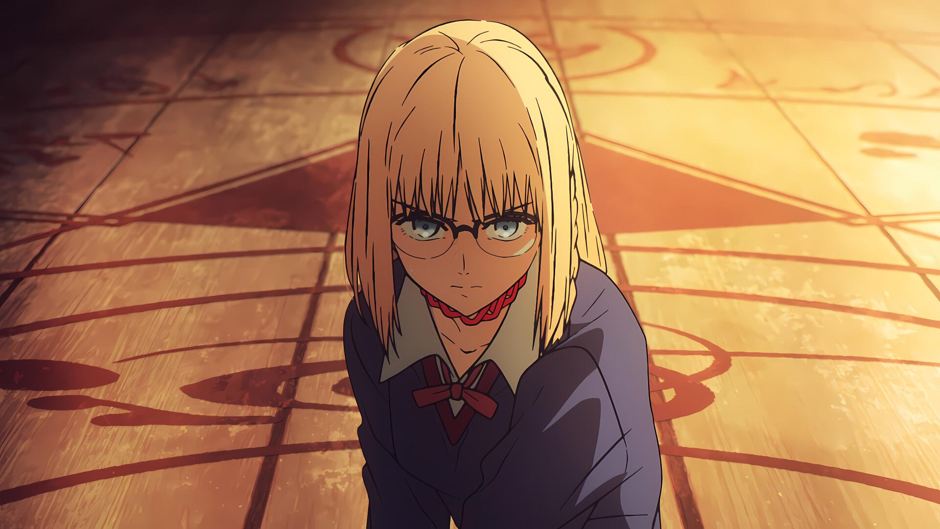 8K Ultra HD anime PC desktop wallpaper: Ayaka Sajyou (Fate/strange Fake, Fate series), blonde with glasses, kneeling on a glowing ritual floor with an intense expression.