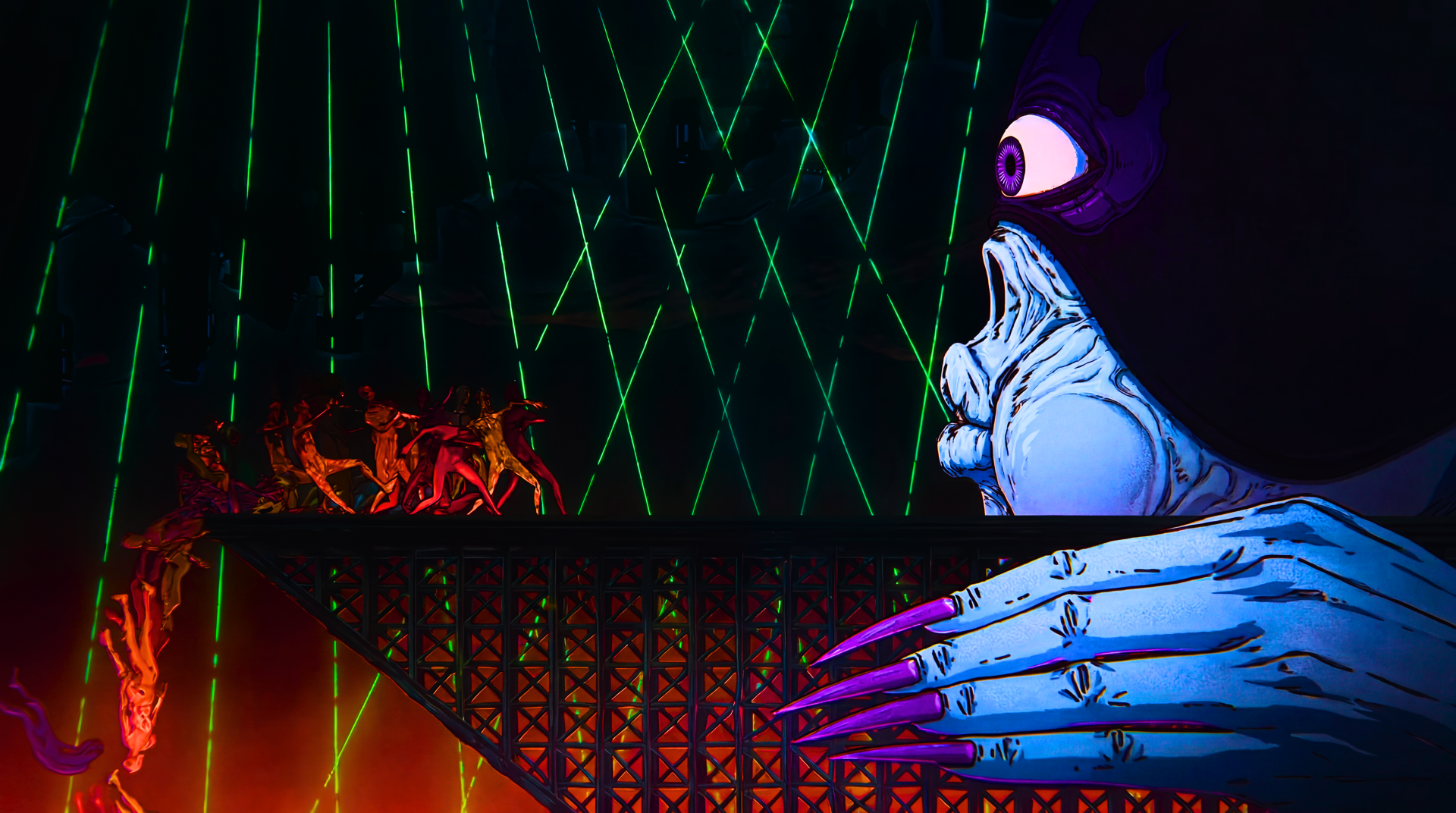 Dorohedoro-inspired anime scene: giant blue monster with a cyclopean eye and clawed hand reaching across a fiery hell bridge beneath crisscrossing green lasers — 5K Ultra HD PC wallpaper/background.