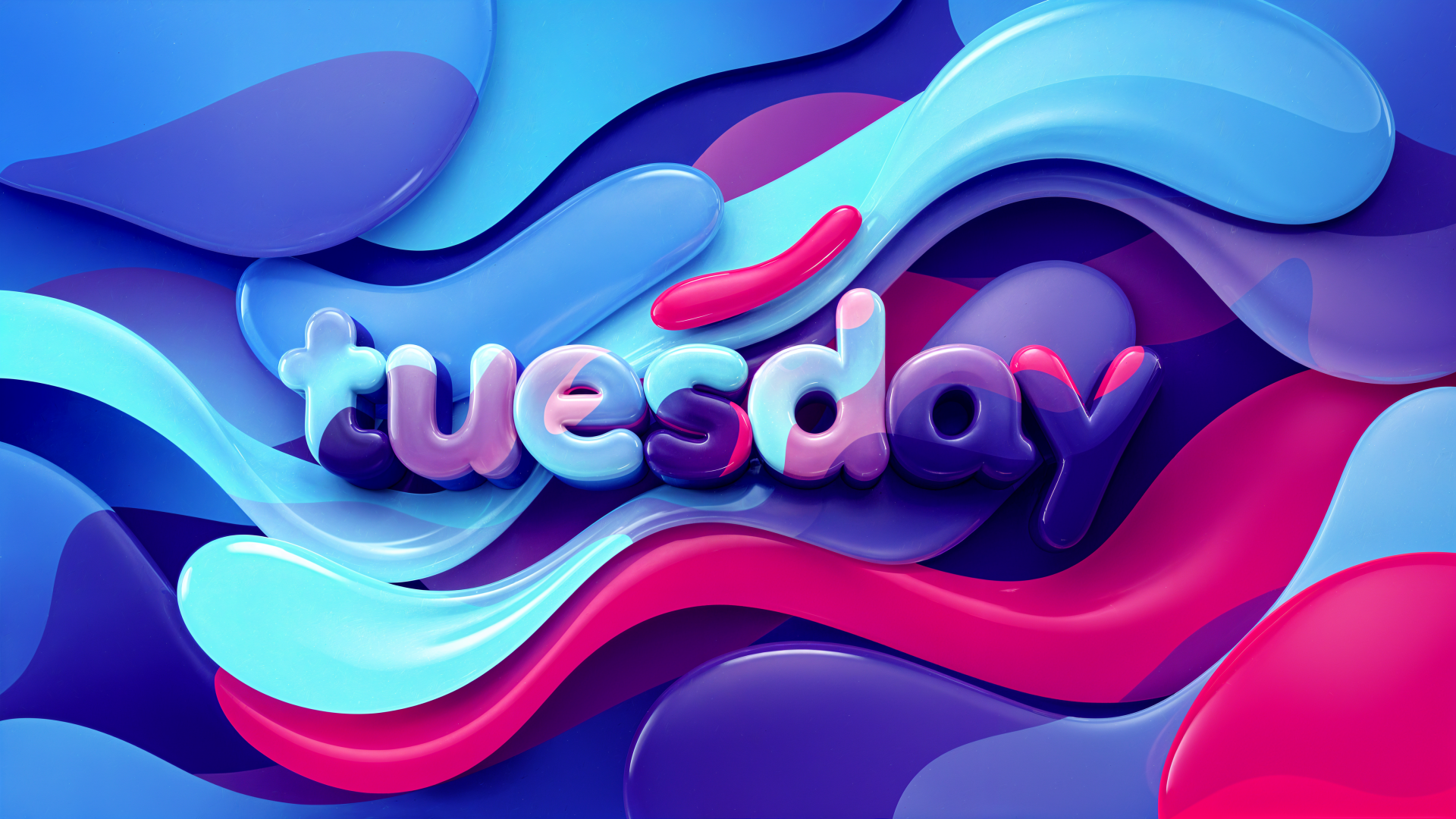 Vibrant 4K Ultra HD PC desktop wallpaper: glossy 3D tuesday lettering atop flowing blue, purple, and pink layered waves and fluid shapes.