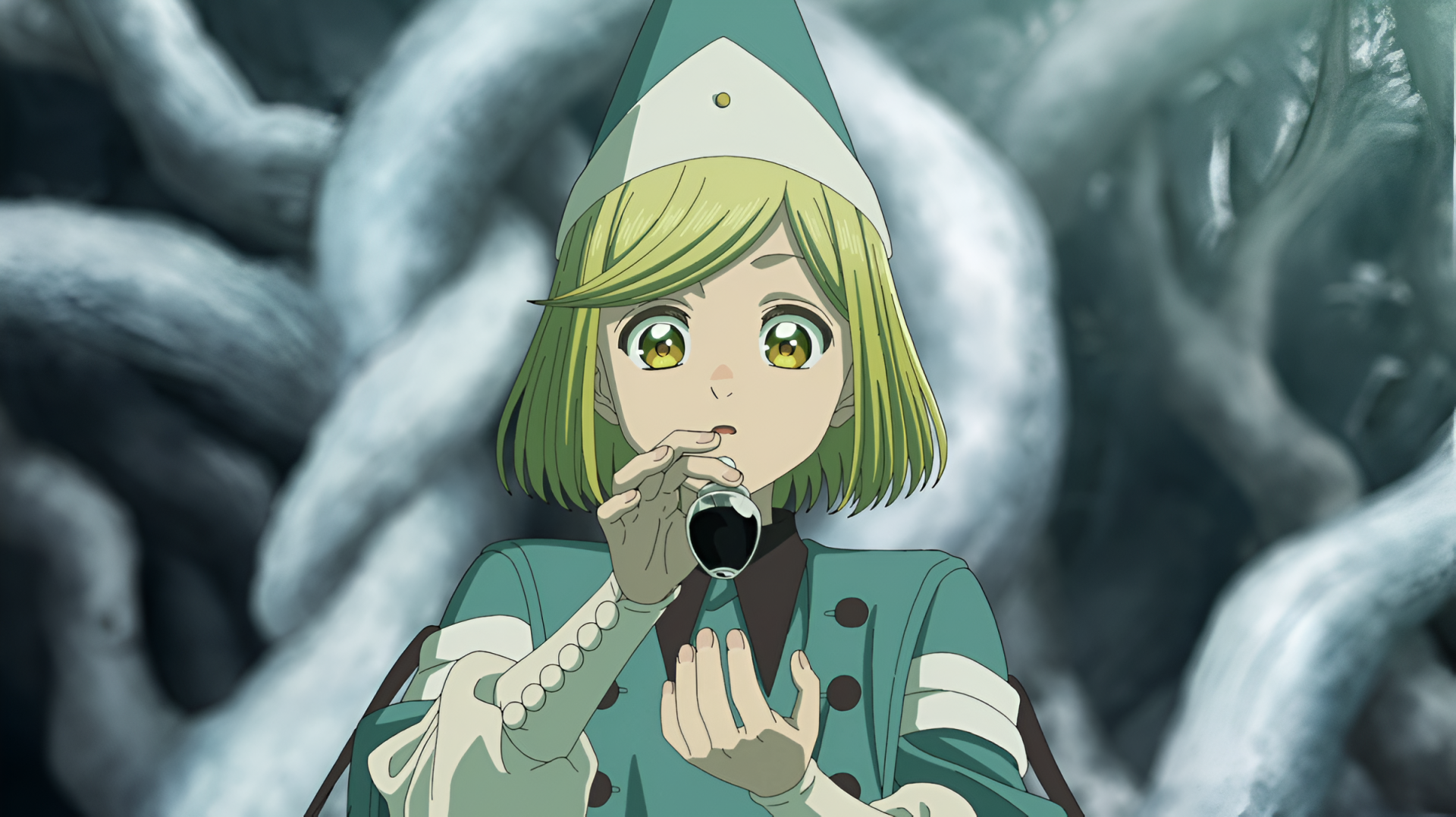 HD PC desktop wallpaper of Coco from Witch Hat Atelier: green‑haired anime witch in teal robes holds a black tube to her mouth, wide‑eyed against twisted gray roots background.