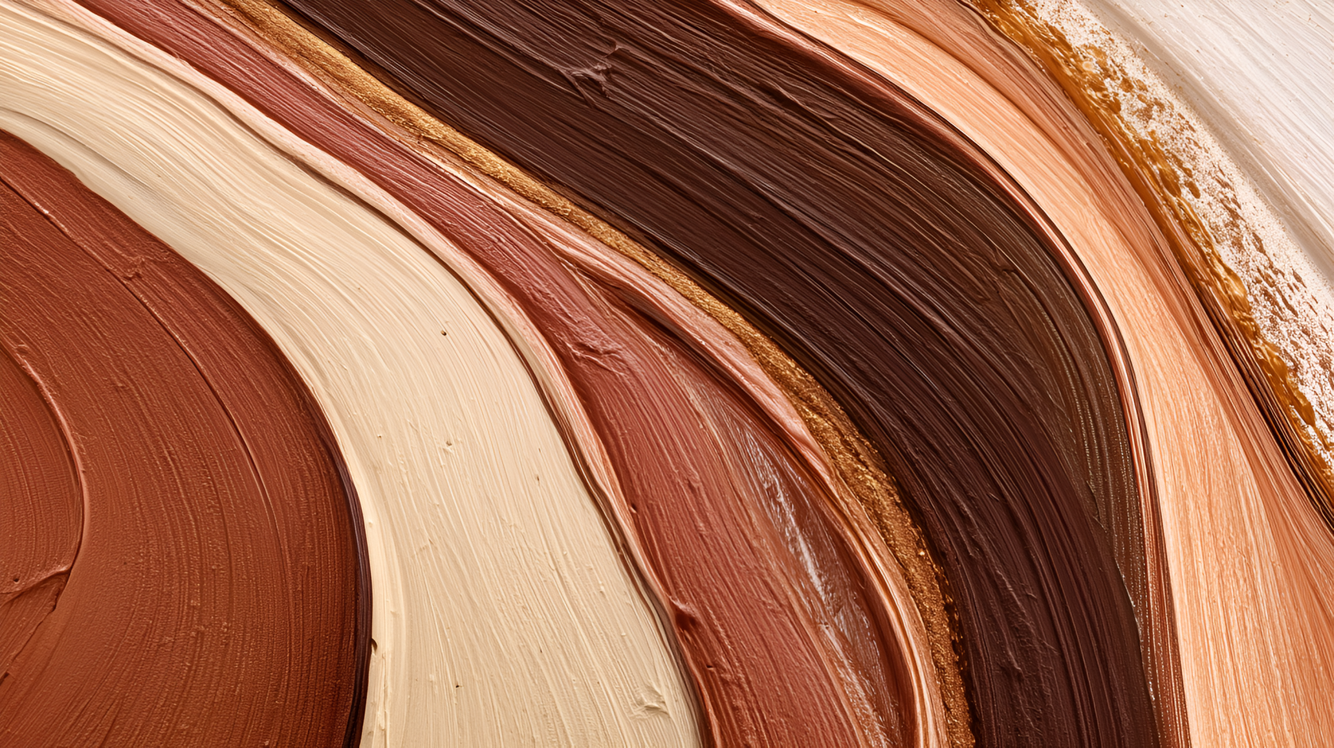 Abstract brown fluid painting of thick, textured curved brushstrokes in warm tans and chocolates — digital art 2K Quad HD PC desktop wallpaper and background.