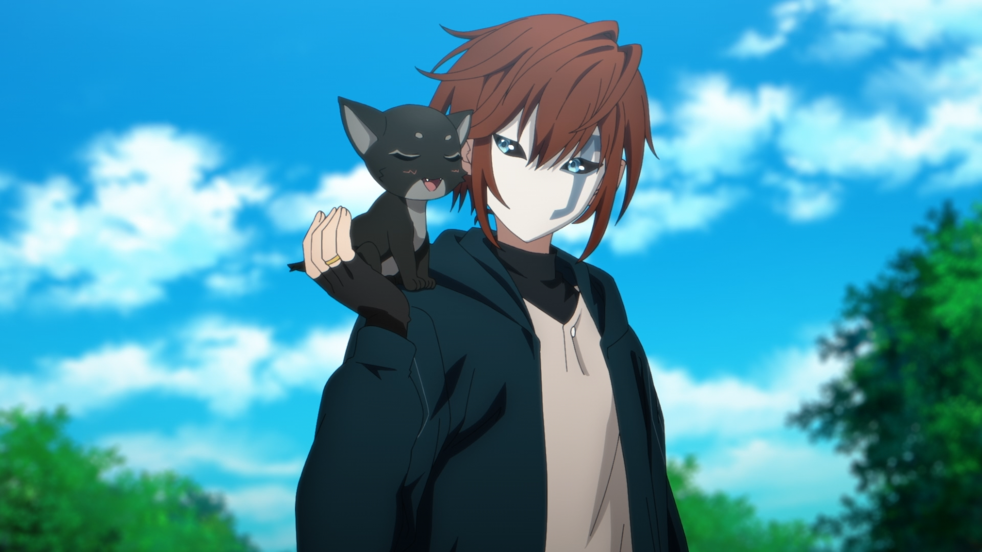Anime HD PC desktop wallpaper featuring Arthur Leywin from The Beginning After the End, standing beneath a blue sky with a small black cat perched on his shoulder.