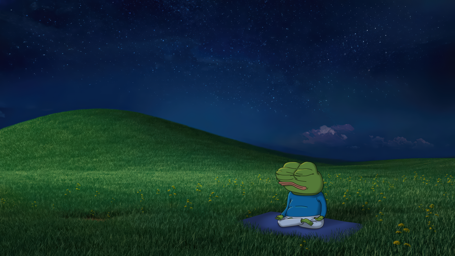 4K Ultra HD PC wallpaper: Pepe the Frog meme meditating on a grassy hill at night under a starry sky.