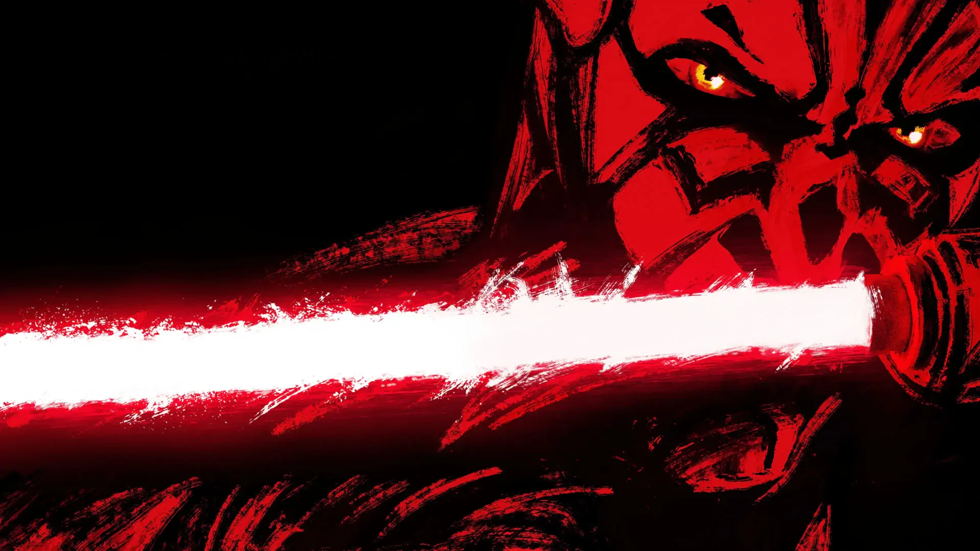Darth Maul close-up with glowing red double-bladed lightsaber against a stark red-black backdrop — 4K Ultra HD PC desktop wallpaper/background.