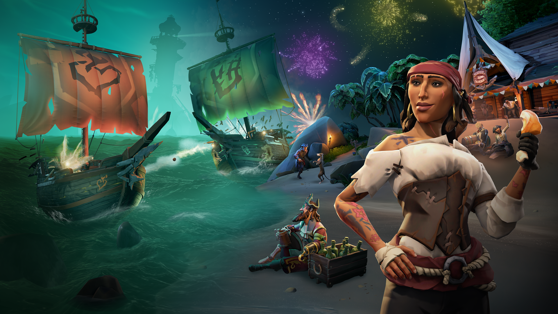 Sea of Thieves adventure game 2K Quad HD PC wallpaper background: female pirate in foreground, crew and treasure on tropical shore, ghostly ships and colorful fireworks over a moonlit sea.