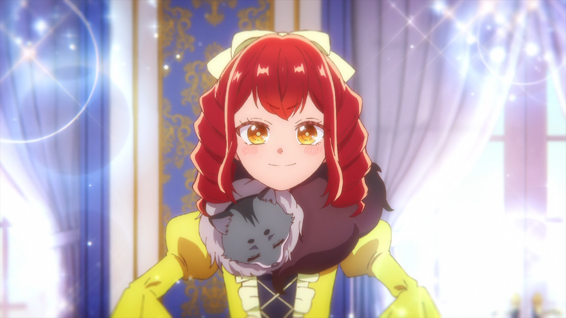 HD PC wallpaper of anime character Bertia Ibil Noches from An Observation Log of My Fiancée Who Calls Herself a Villainess — red‑haired girl in a yellow dress holding a gray cat, smiling regally.