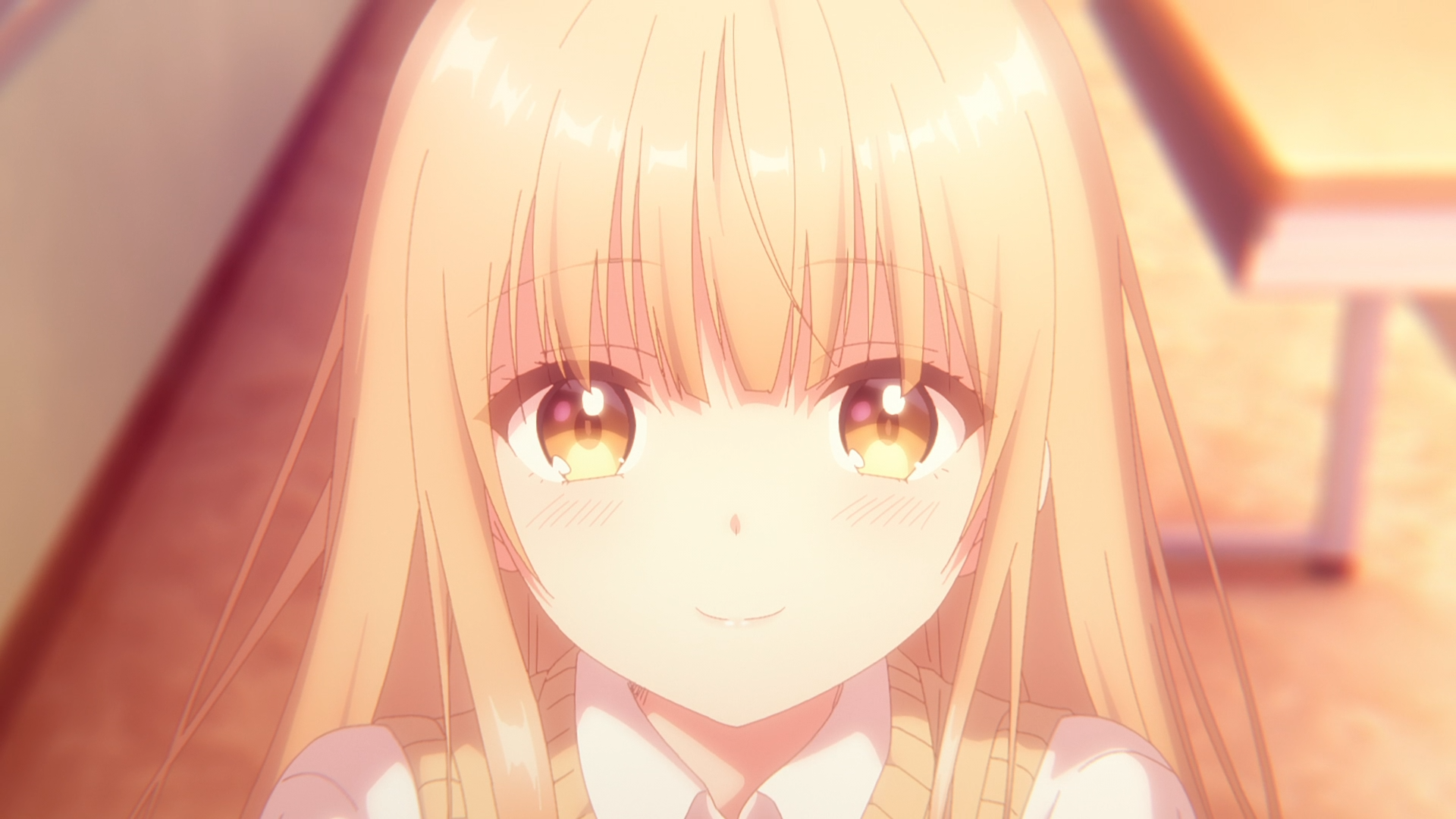 HD PC desktop wallpaper of Mahiru Shiina from the anime The Angel Next Door Spoils Me Rotten — close-up, warm-lit portrait with a gentle smile.