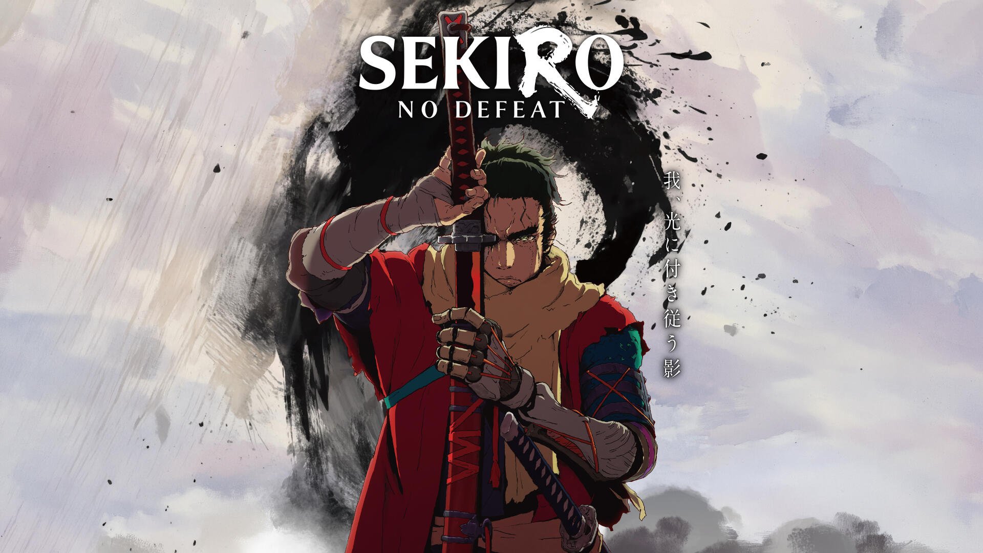 Sekiro: No Defeat 8K Ultra HD PC desktop wallpaper — lone warrior in red gripping a sword before a black ink halo and misty, cloudy background.