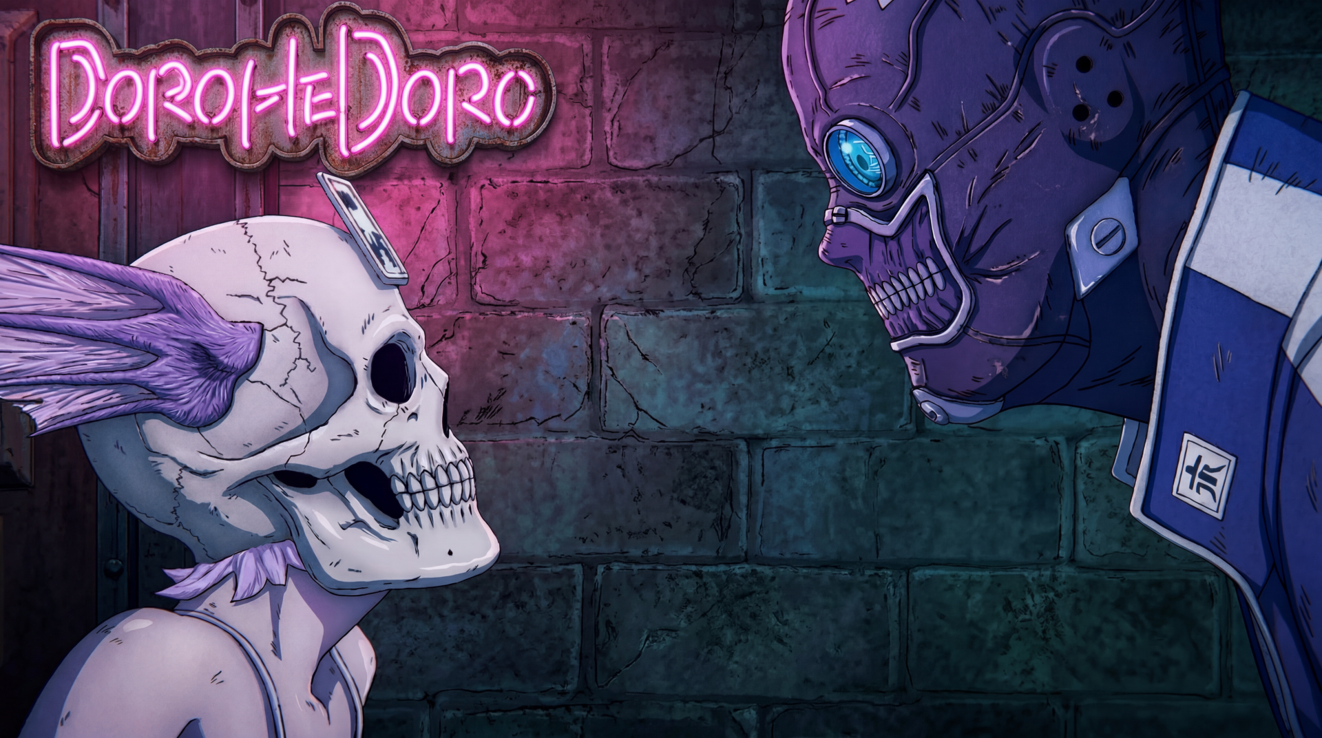 Dark fantasy grunge 5K Ultra HD PC wallpaper: acid-punk anime girl Ebisu (Dorohedoro) faces Noi (Dorohedoro) in a neon-bricked alley, skull mask, purple helmet and Dorohedoro logo.