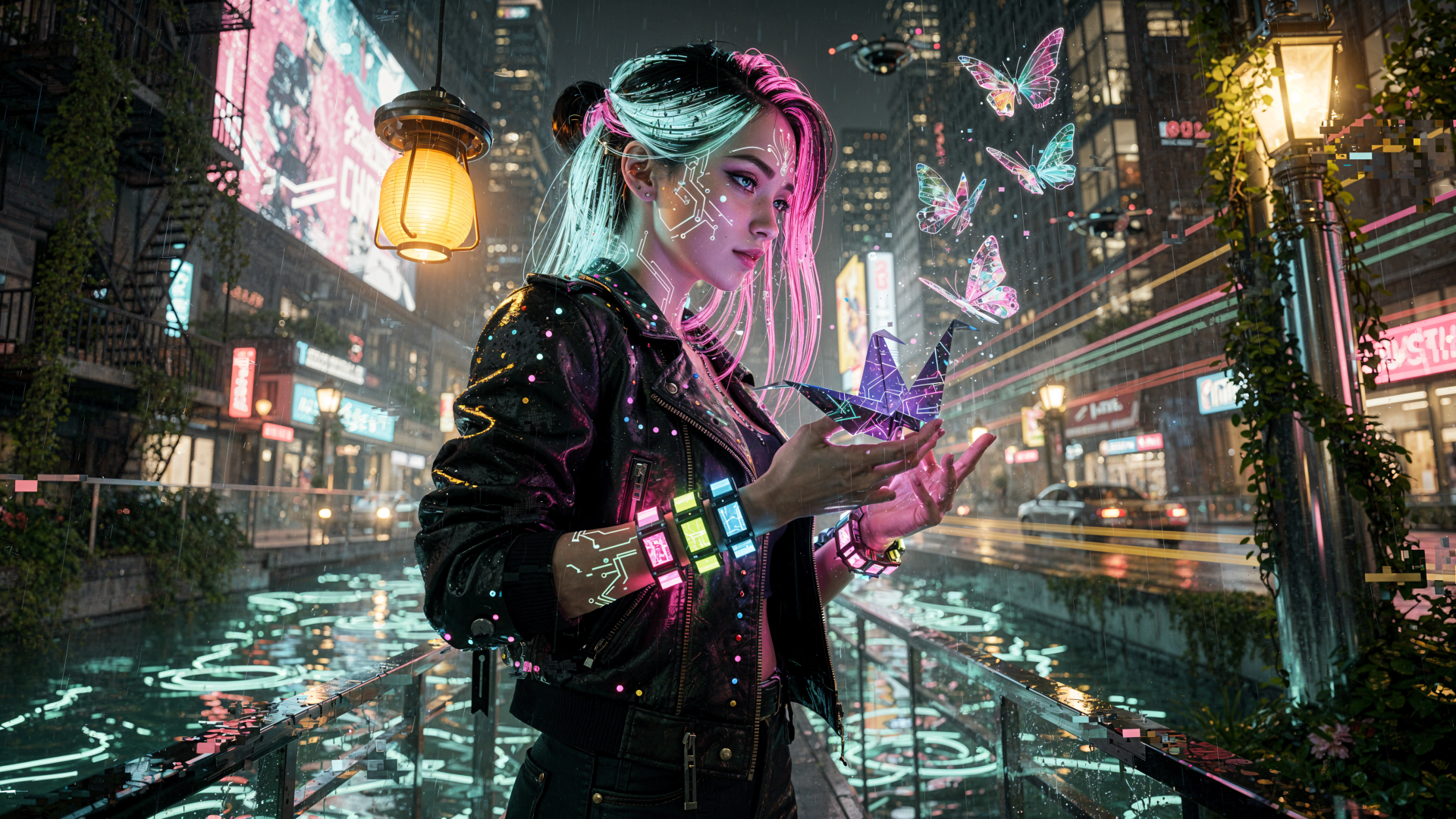 Neon girl with pink and teal hair holds glowing butterflies in a rainy cyberpunk city; LED bracelets and wet reflections — 4K Ultra HD PC Desktop Wallpaper and Background.