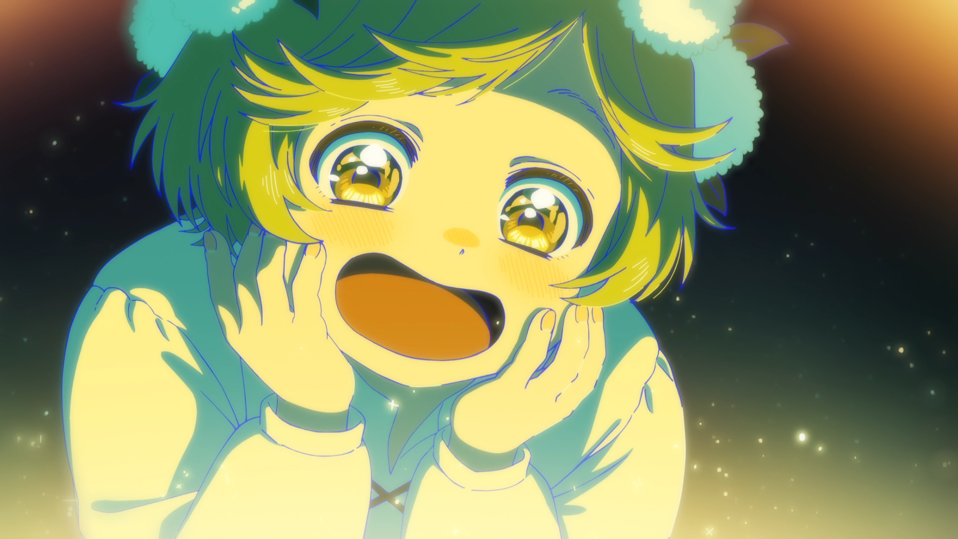 HD PC desktop wallpaper of Coco from Witch Hat Atelier: anime close-up with sparkling wide eyes and a joyful smile against a glowing, starry night background.