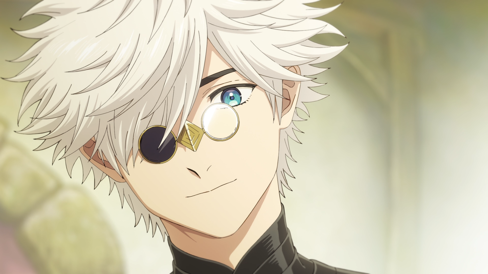 HD anime desktop wallpaper of Qifrey (Witch Hat Atelier): close-up of a white-haired mage with an eyepatch and monocle, gentle smile and bright blue eye against a soft, warm background.