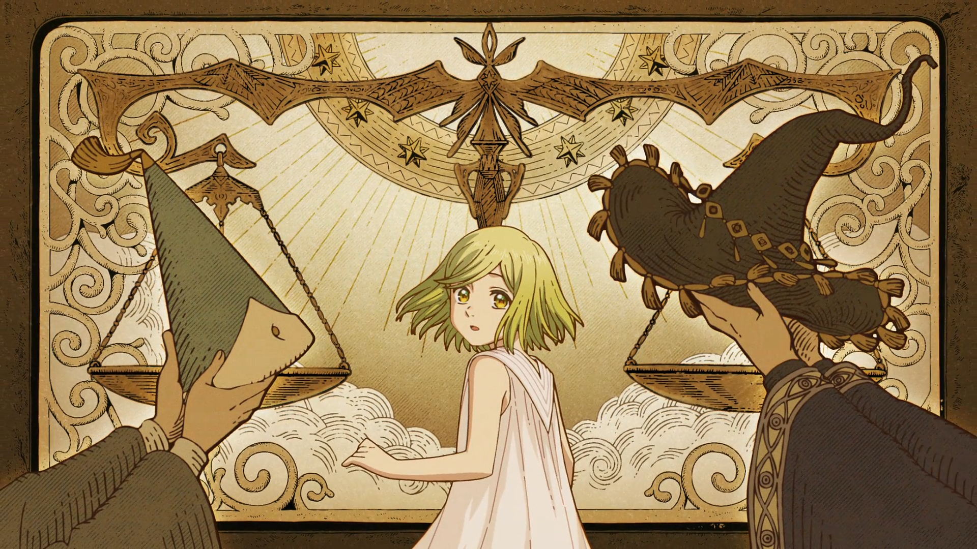 Anime HD PC desktop wallpaper: Witch Hat Atelier's Coco at center of an ornate tapestry-like mural, flanked by robed witch-hat figures holding balancing scales.