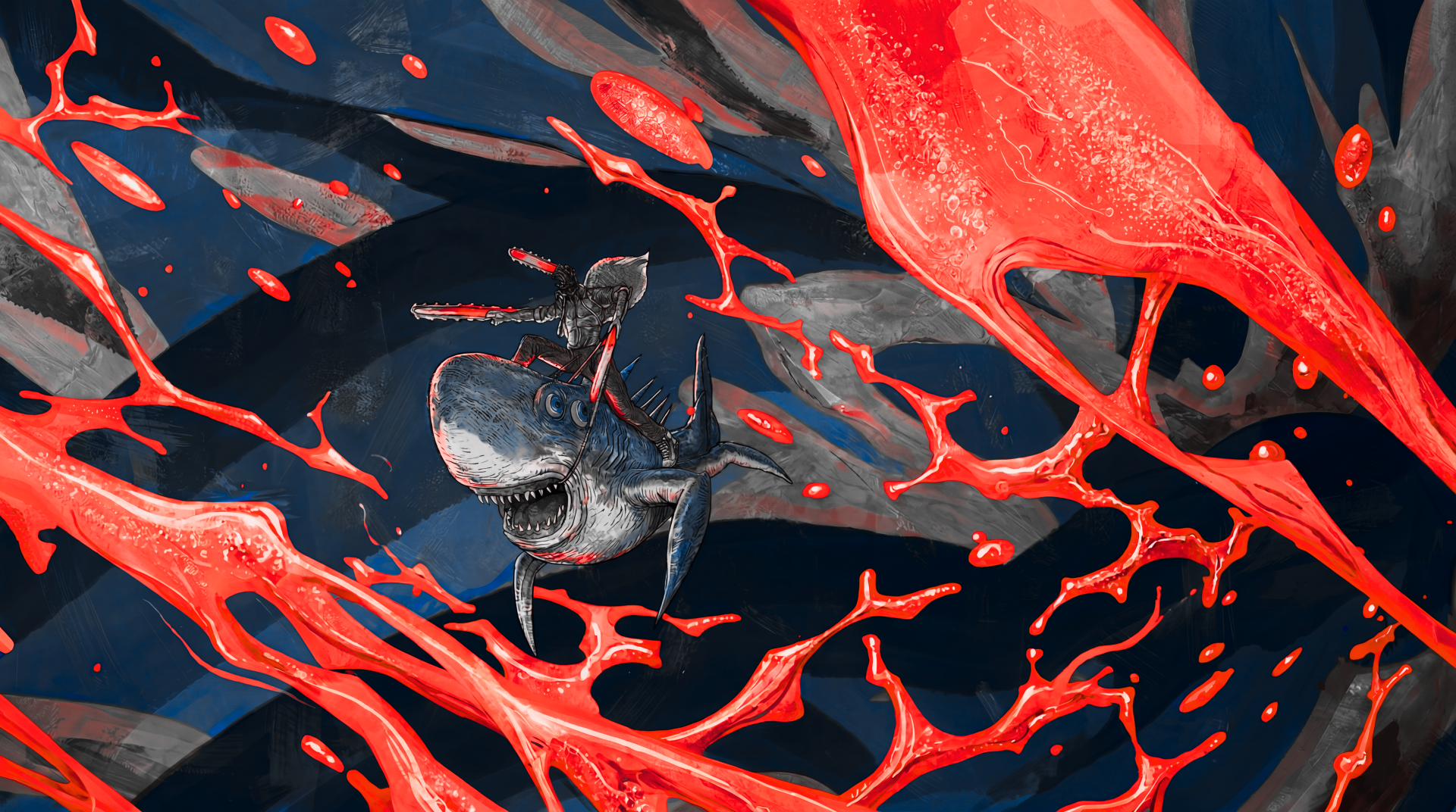 Chainsaw Man splash art: Denji and Beam amid red, blood-like splashes on a dark sea backdrop — 5K Ultra HD anime PC wallpaper.