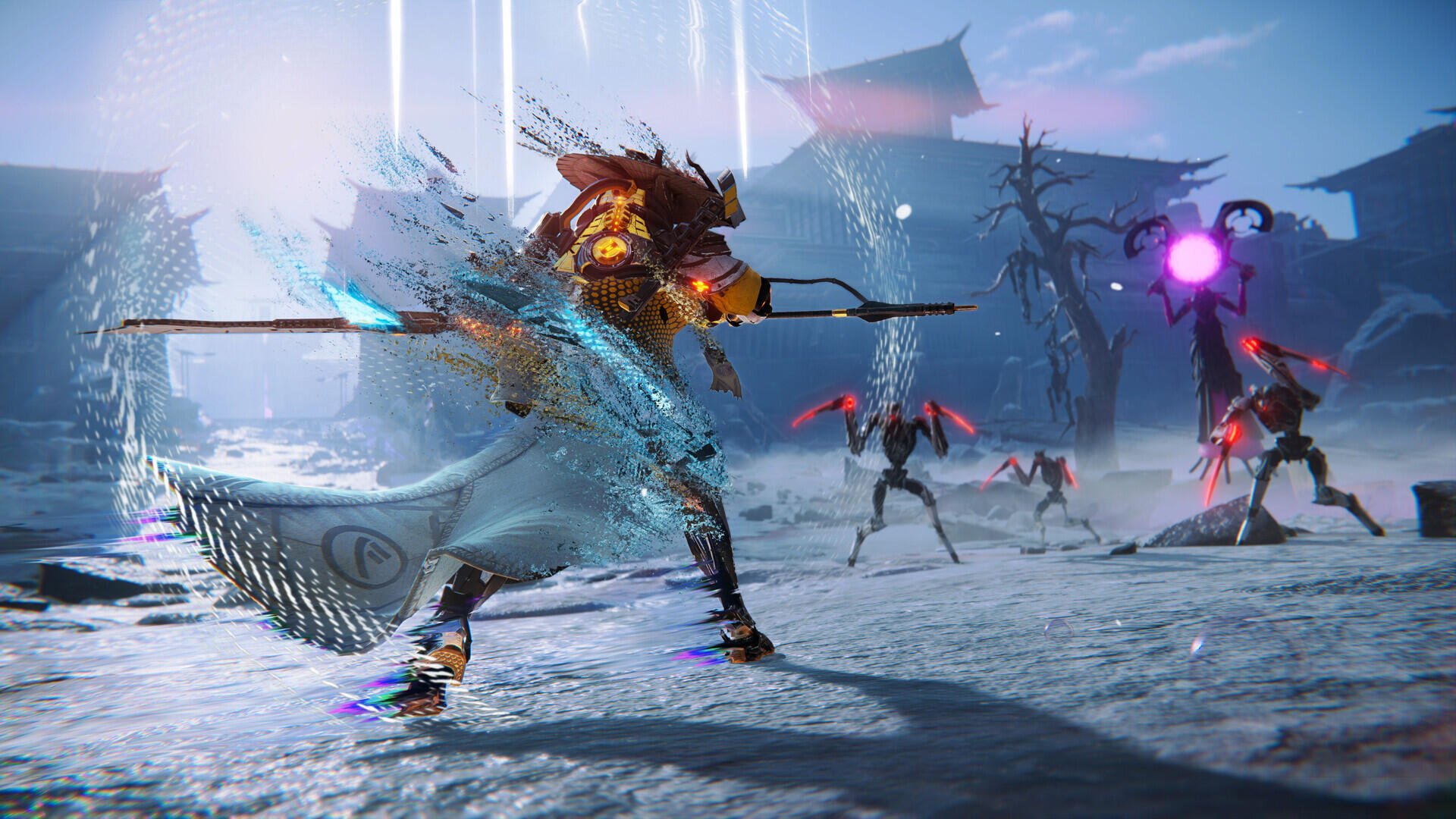 HD PC desktop wallpaper: hack-and-slash, morbid metal rogue-like sci-fi battle — samurai mecha lunges with energy blade against shadowy robotic foes in icy, ruined temple battlefield.