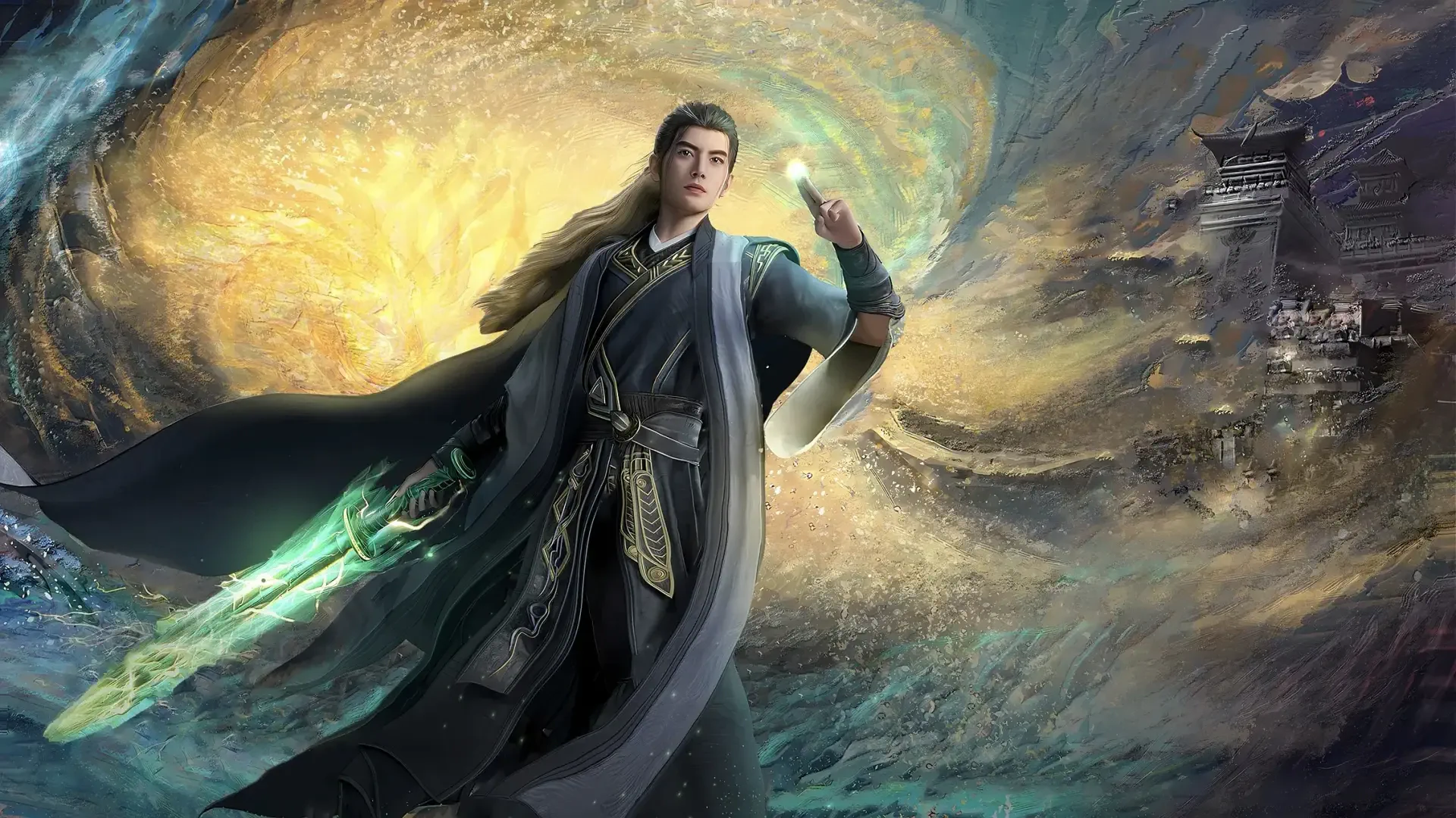 HD PC wallpaper of Han Li from the Chinese novel A Record of a Mortal's Journey to Immortality: robed cultivator with glowing sword before a swirling golden portal and mountain temple.