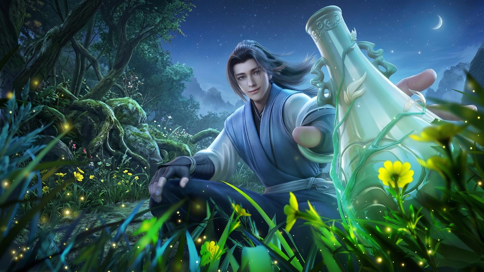 HD PC wallpaper of Han Li from the TV show A Record of a Mortal's Journey to Immortality, kneeling in a moonlit forest and offering a glowing potion bottle amid luminous plants.