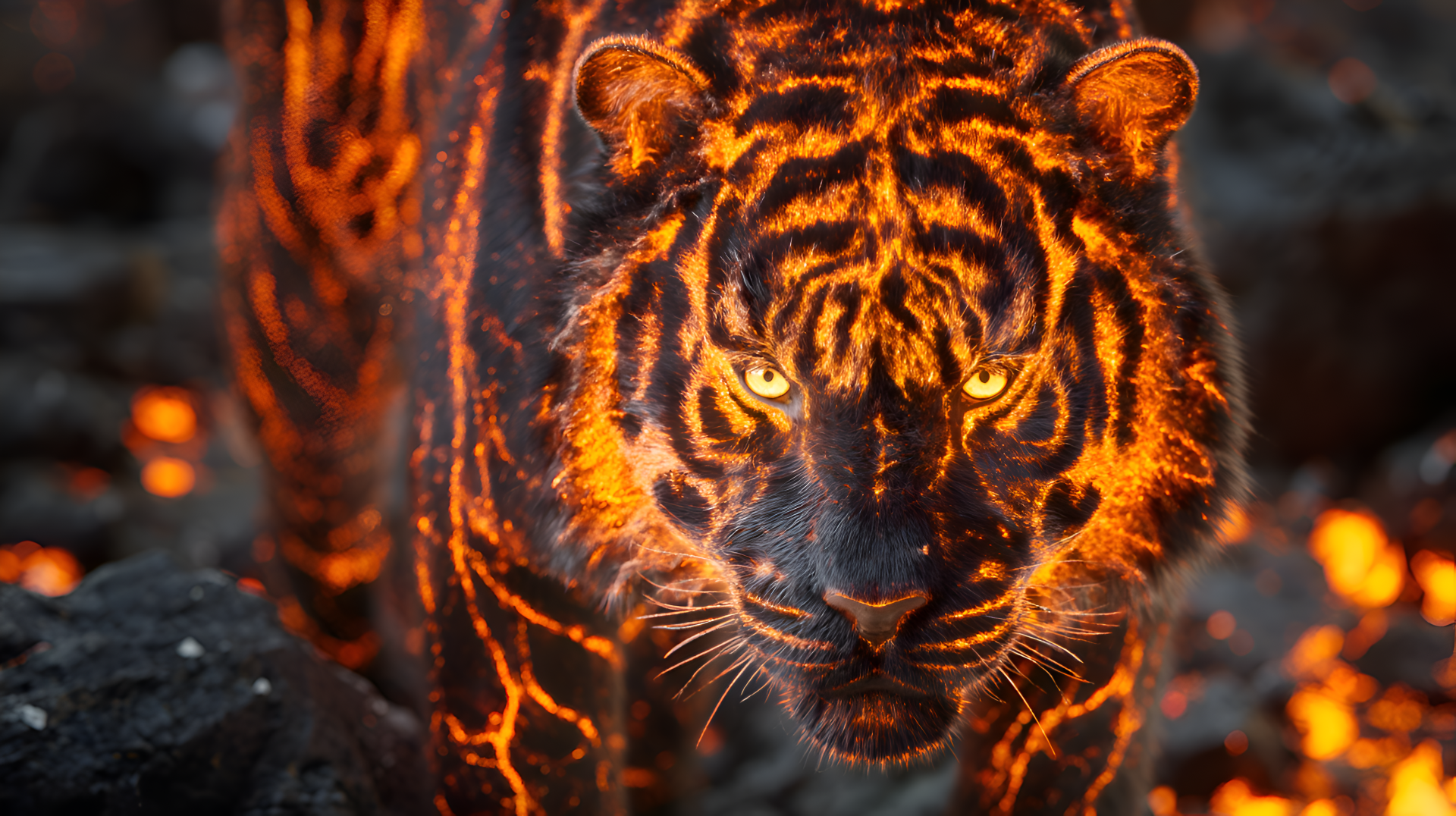 Fantasy lava tiger with molten stripes and glowing eyes, intense stare against rocky embers — 4K Ultra HD PC desktop wallpaper background.