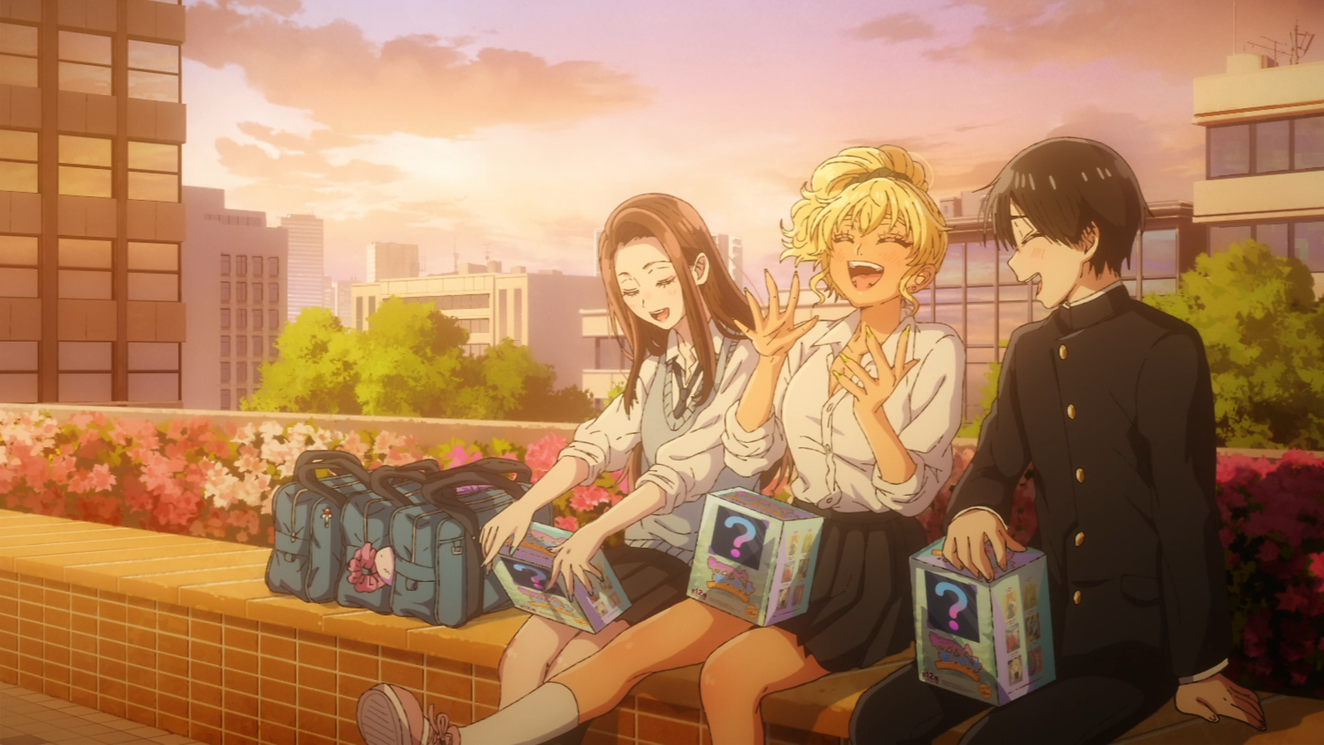 Anime HD PC desktop wallpaper: Kei Amane, Kotoko Ijichi and Takuya Seo from Gals Can't Be Kind to Otaku!? sit on a rooftop at sunset, laughing in school uniforms, colorful city background.