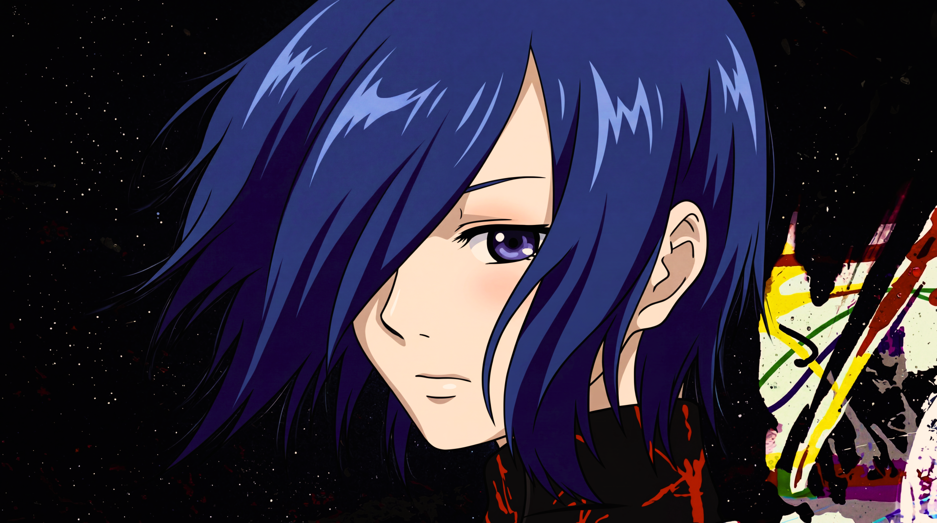 Touka Kirishima (Tokyo Ghoul) close-up: blue hair covering one eye, somber expression with red kagune accents against a dark starry backdrop — 5K Ultra HD PC wallpaper.