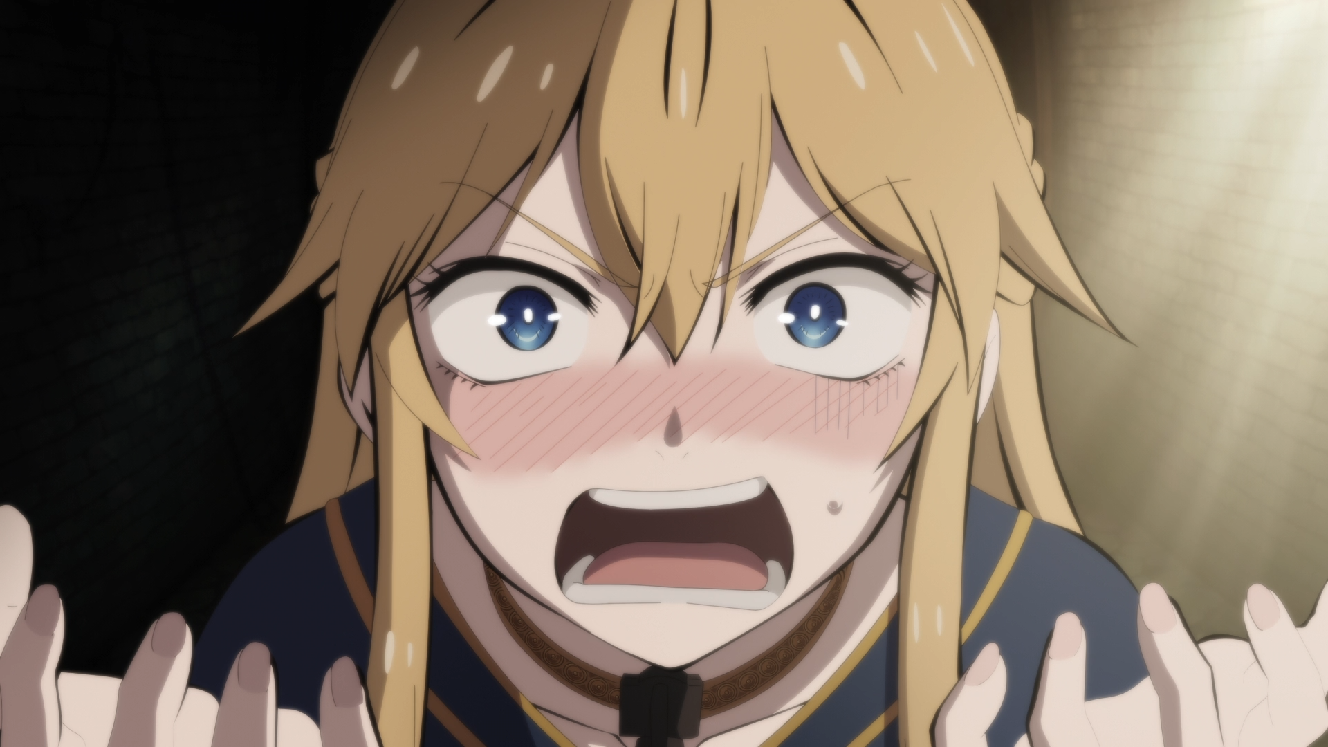HD anime desktop wallpaper: Serafina de Lavillant from The Warrior Princess and the Barbaric King, close-up shouting with flushed cheeks, tearful, wide blue eyes and hands raised.