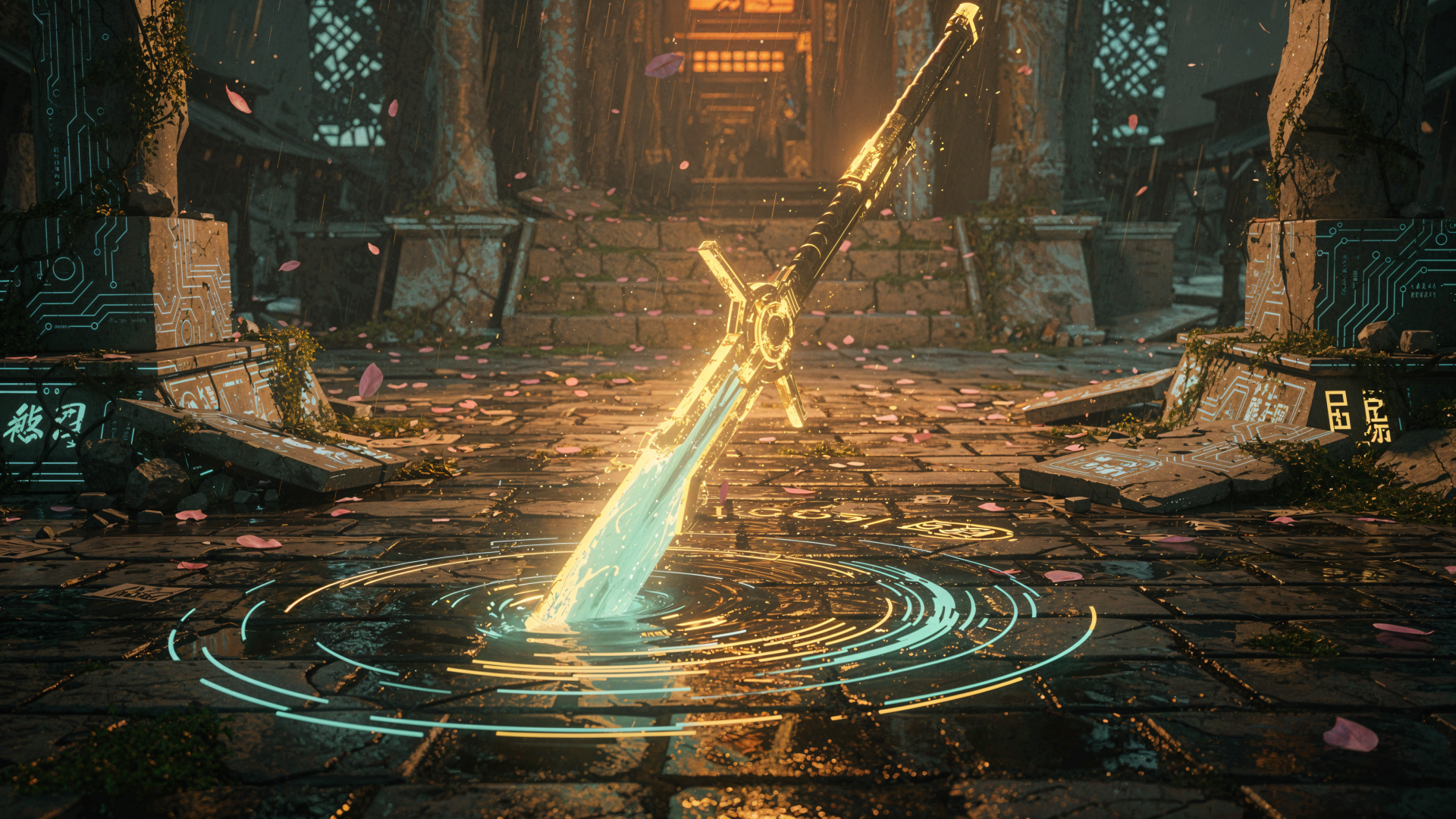4K Ultra HD PC desktop wallpaper: a glowing energy sword plunged into an ancient stone floor, cyan blade radiating light and circuit-like rings amid a ruined temple.