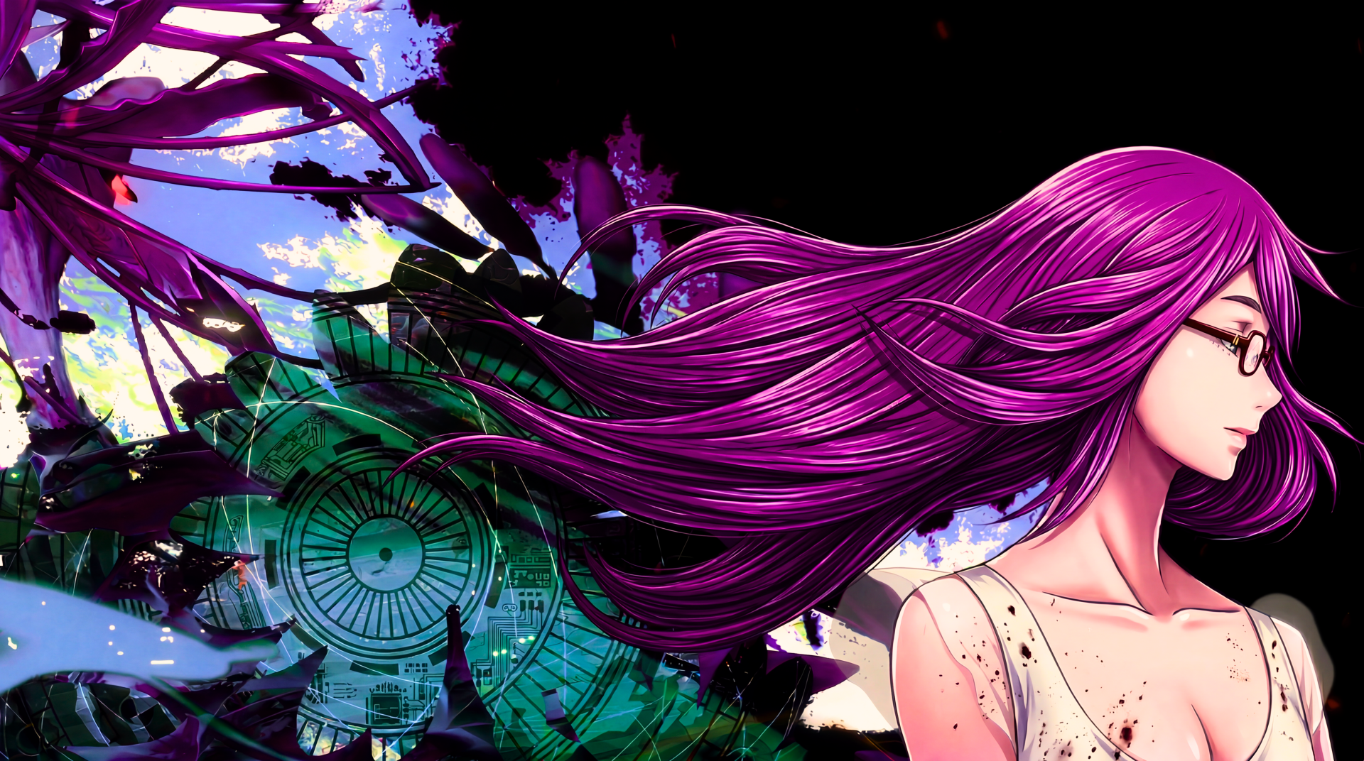 5K Tokyo Ghoul desktop wallpaper of anime girl Rize Kamishiro: purple-haired ghoul in profile with glasses, flowing hair over abstract clockwork city and a dark sky.
