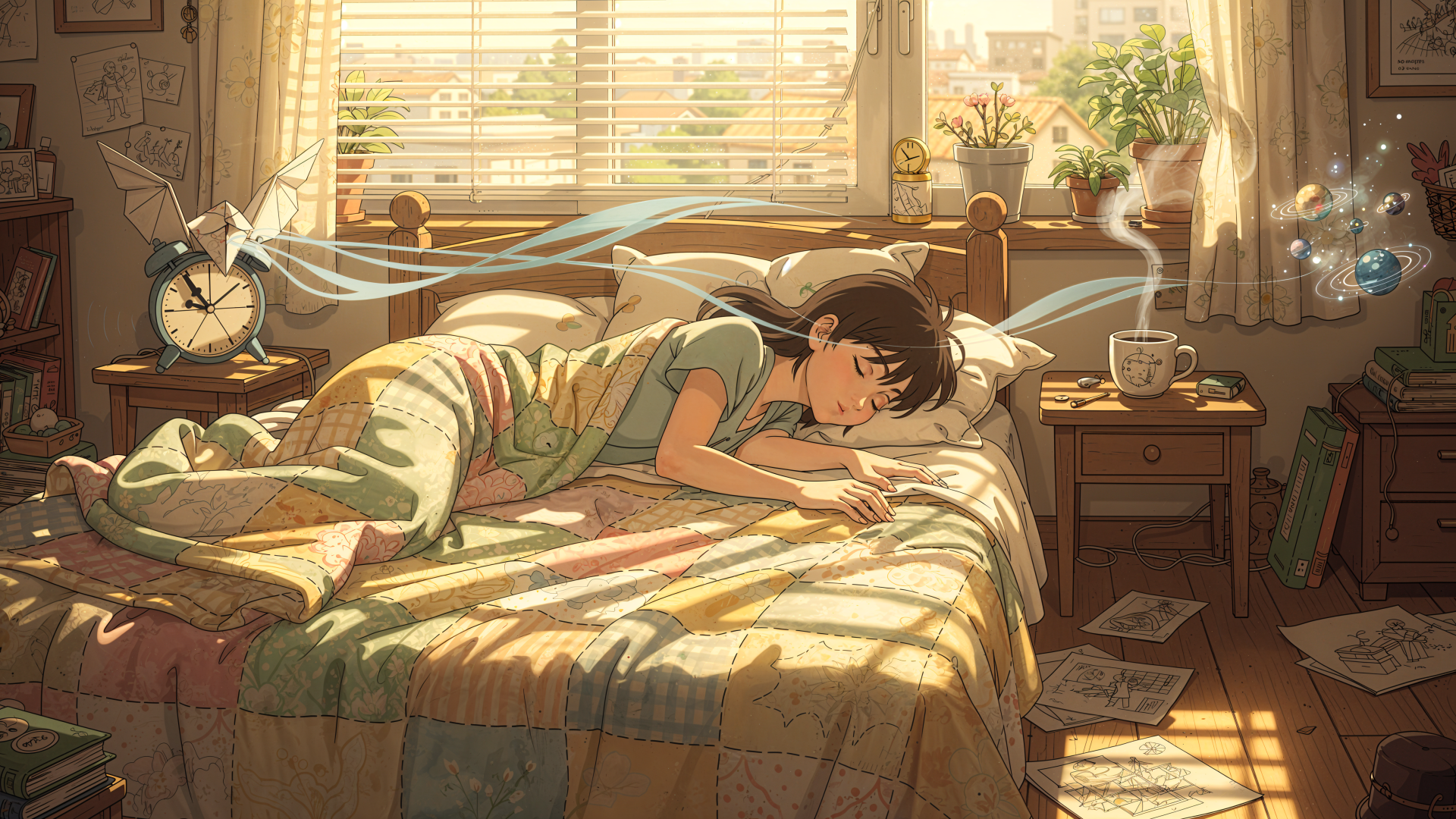 Waking up — 4K Ultra HD PC desktop wallpaper of a person stretching on a sunlit bed, alarm clock and mug on the nightstand, plants and scattered papers in a cozy morning room.
